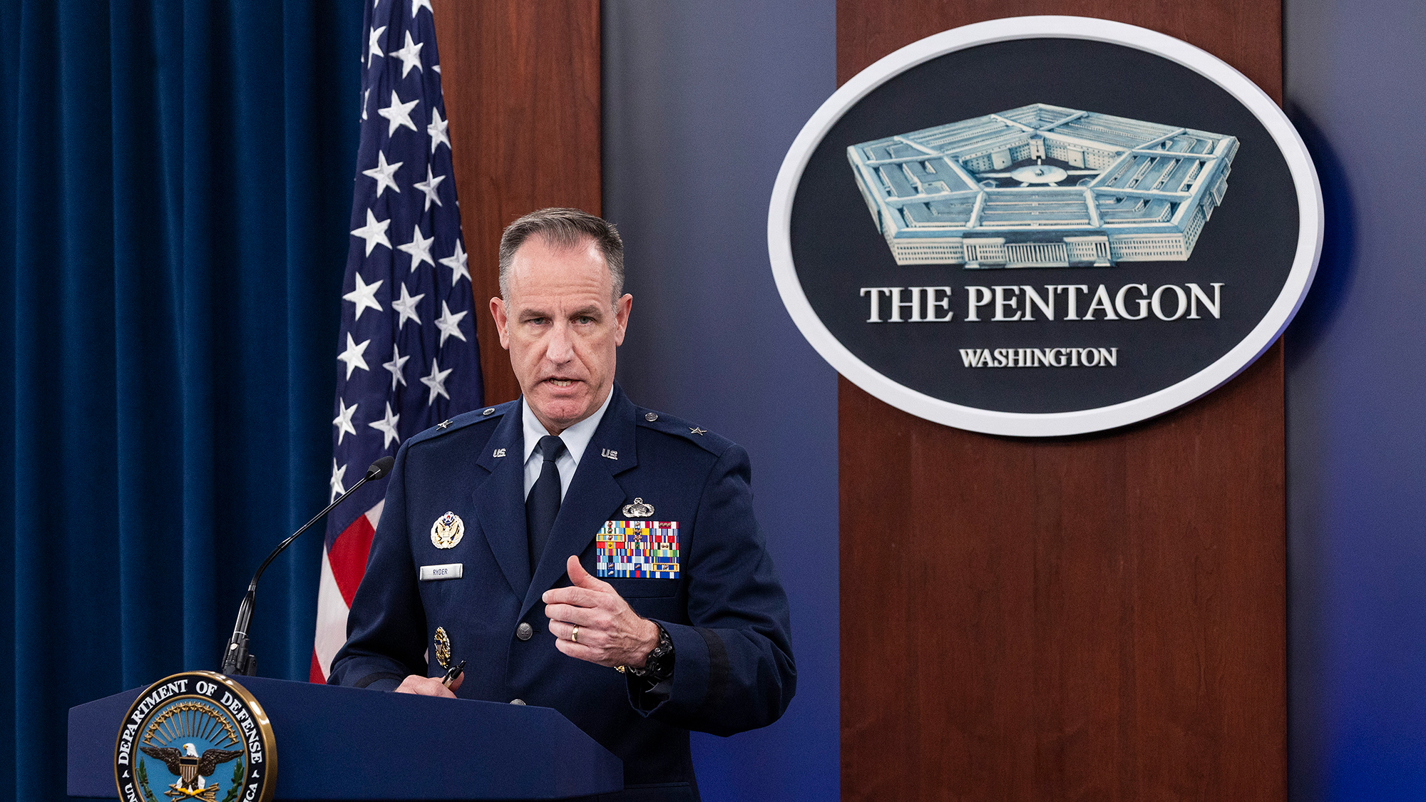 Pentagon Press Secretary Brig. Gen. Pat Ryder holds a press briefing at the Pentagon on October 18, 2022 in Arlington, Virginia. 