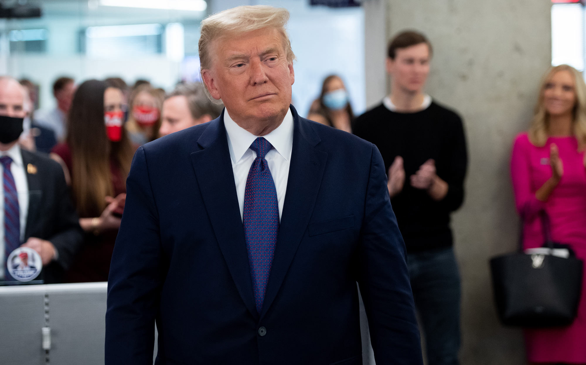 President Donald Trump visits his campaign headquarters in Arlington, Virginia, on November 3.