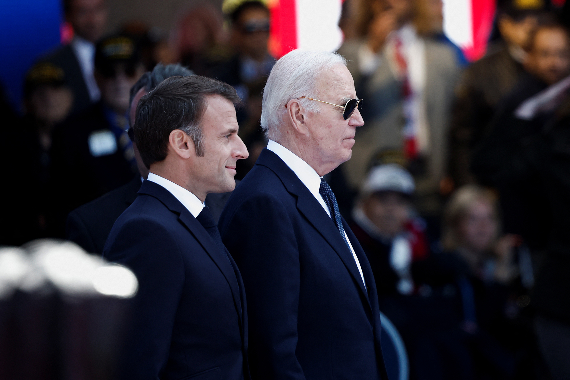U.S. President Joe Biden and French President Emmanuel Macron attend a ceremony to mark the 80th anniversary of D-Day at the Normandy American Cemetery and Memorial in Colleville-sur-Mer, France, on June 6.