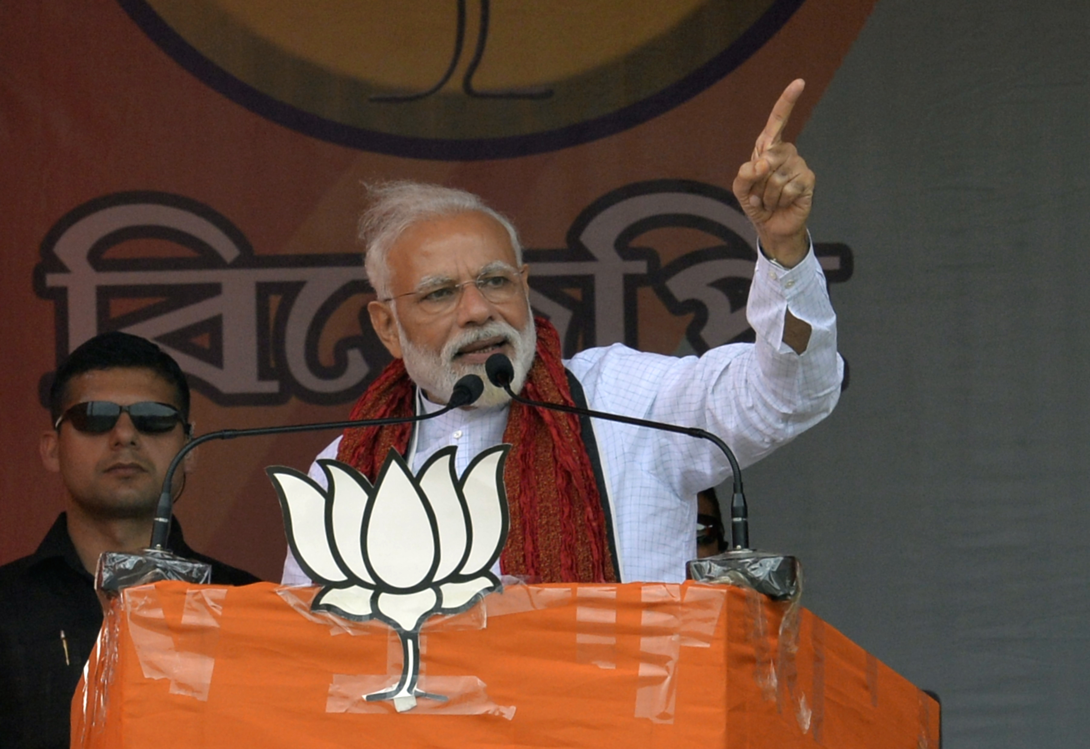 Modi addresses supporters during a campaign rally ahead of the national elections in Cooch Behar, in West Bengal state, on April 7.