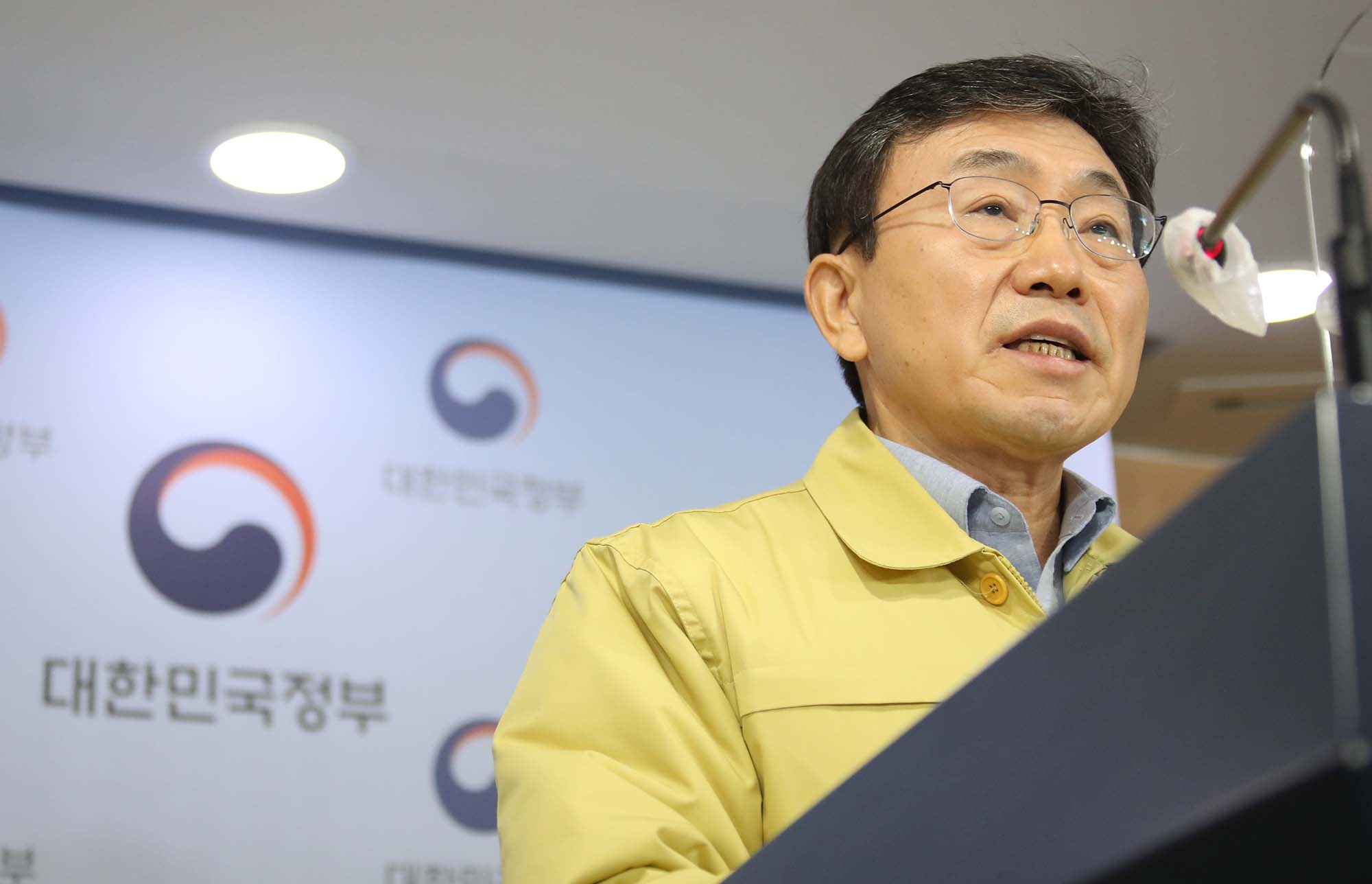 Health Minister Kwon Deok-cheol speaks during a press briefing in Seoul on February 13.