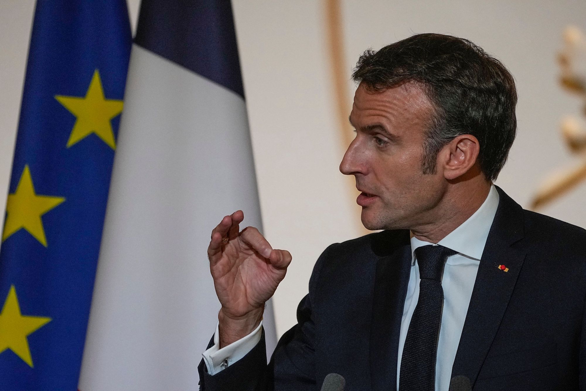 French President Emmanuel Macron delivers a speech at a reception for the mayors of France in Paris on Wednesday.