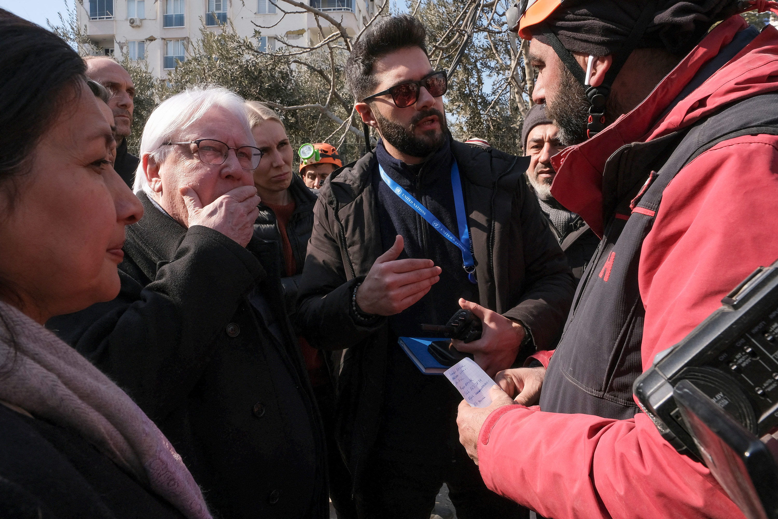 Martin Griffiths, second from left, attends a press conference in Maras, Turkey, on February 11. 