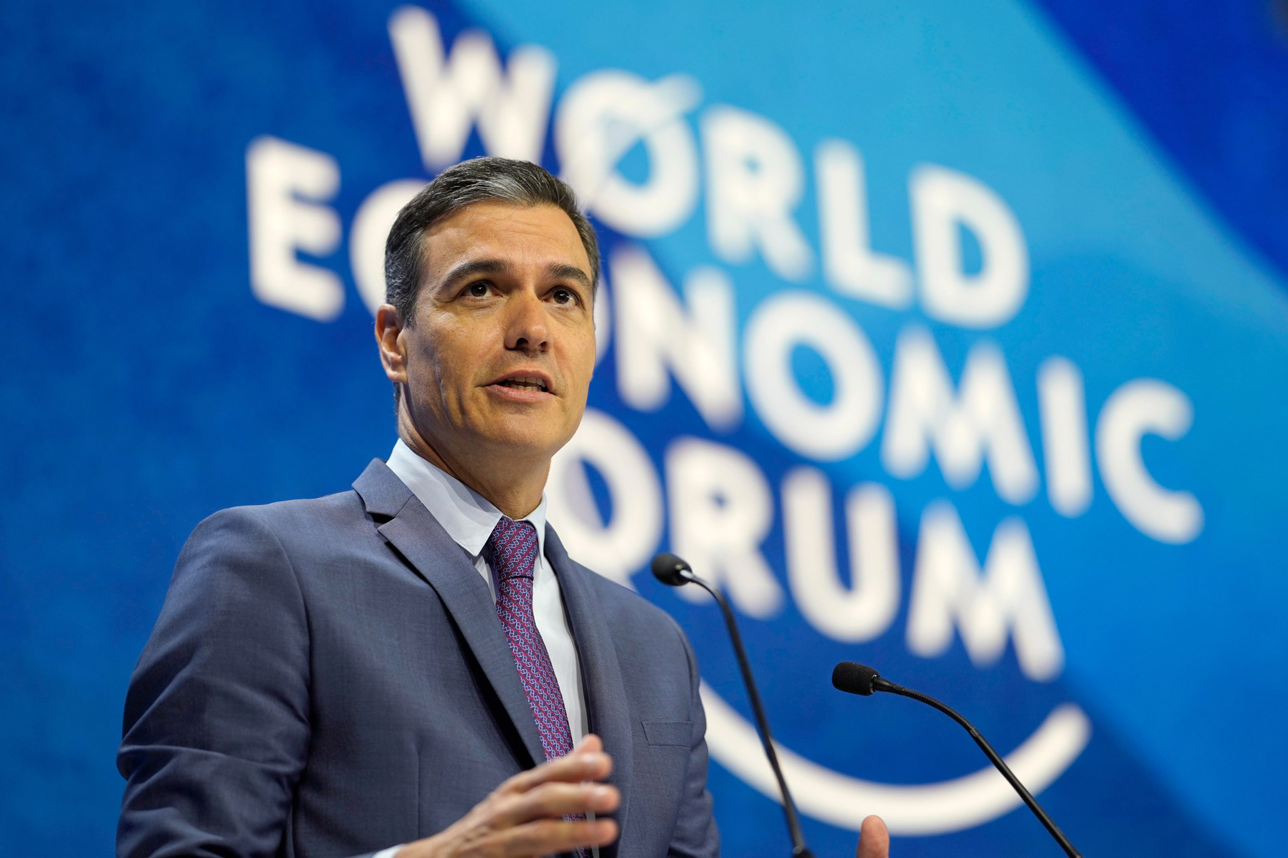 Spain's Prime Minister Pedro Sanchez delivers his speech during the World Economic Forum in Davos, Switzerland, Tuesday.