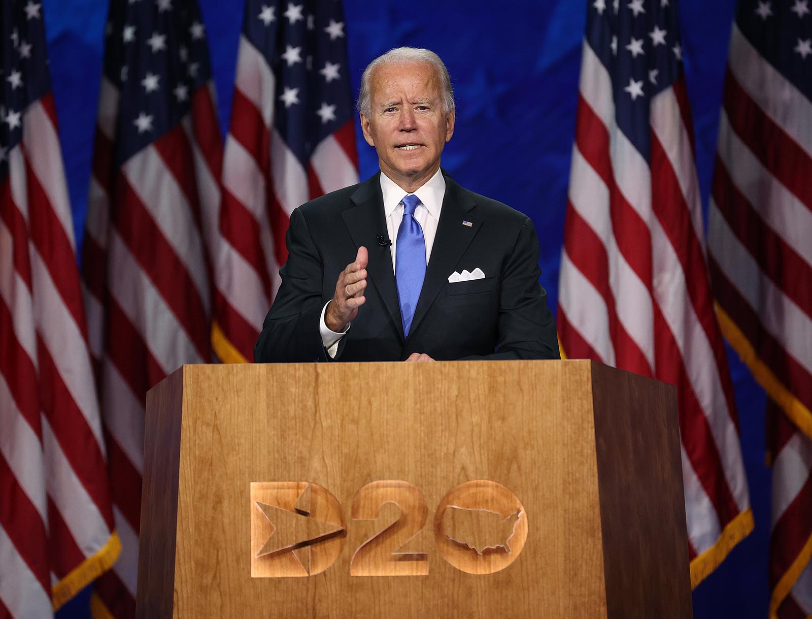 Democratic presidential nominee Joe Biden speaks on the fourth night of the Democratic National Convention from the Chase Center on August 20 in Wilmington, Delaware.