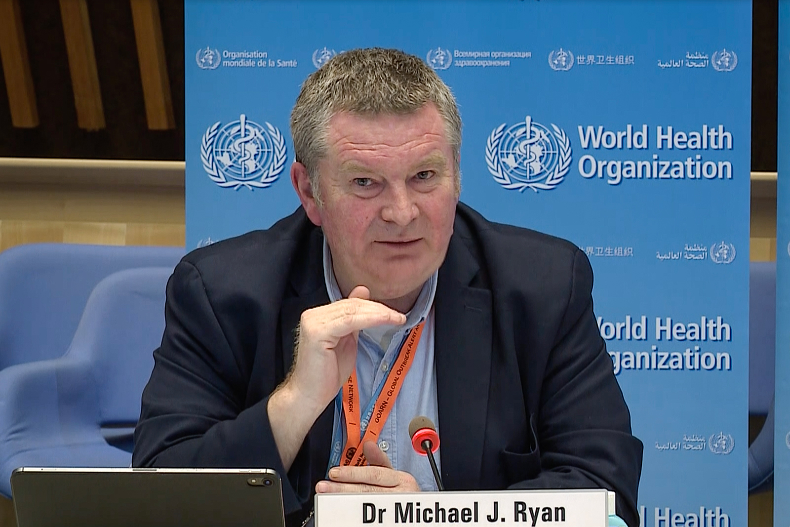 A TV grab taken from the World Health Organization website shows Health Emergencies Programme Director Michael Ryan via video link as he delivers a news briefing on COVID-19 (novel coronavirus) from the WHO headquarters in Geneva, on March 30.