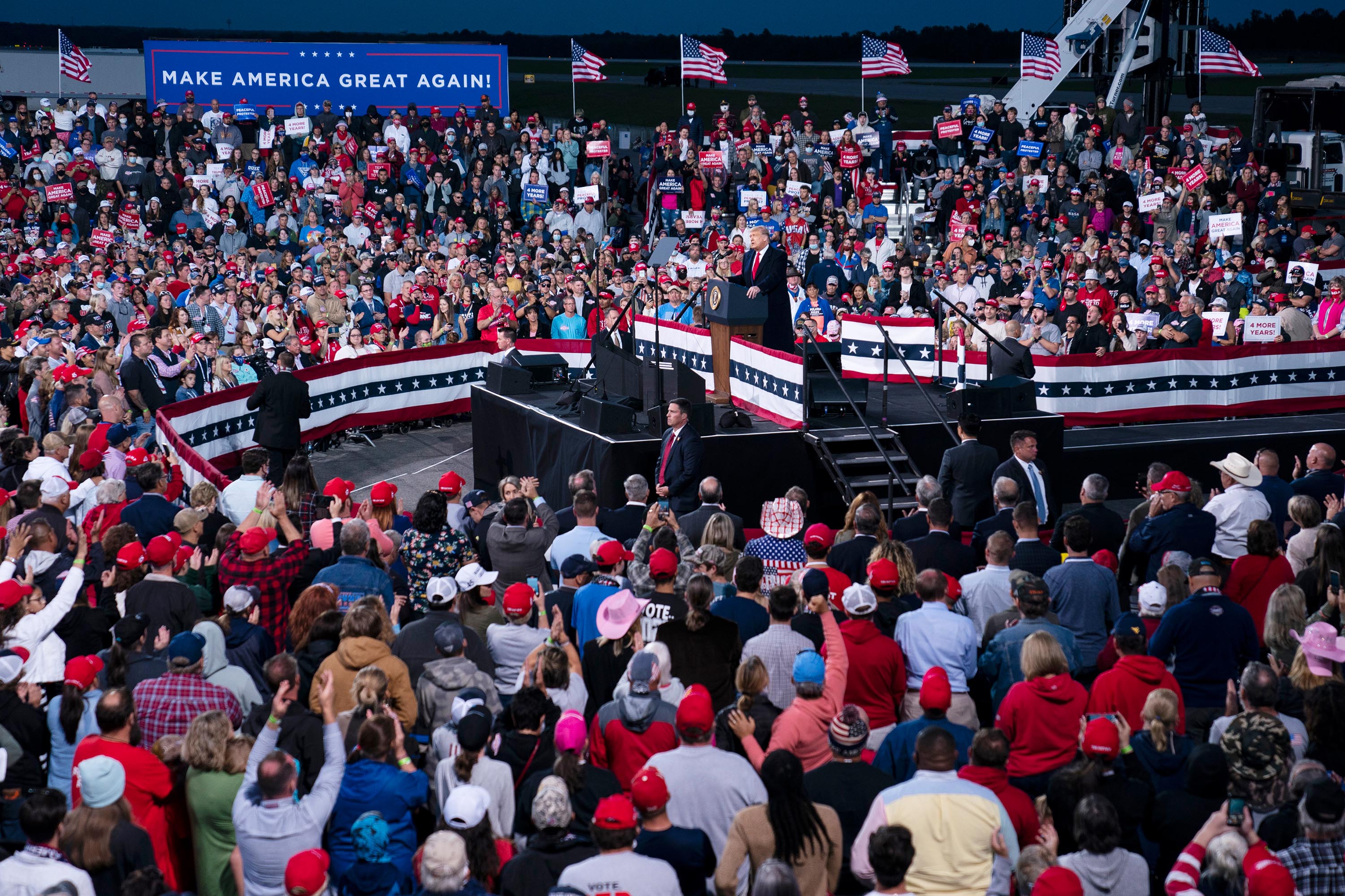 Trump speaks during a campaign rally at Fayetteville Regional Airport, in Fayetteville, North Carolina.