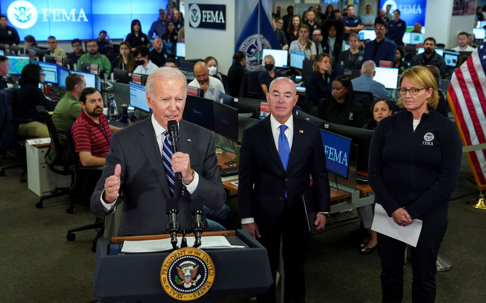 US President Joe Biden delivers remarks inside Federal Emergency Management Agency (FEMA) headquarters, where he received a briefing on the impact of Hurricane Ian, in Washington DC, on Thursday.
