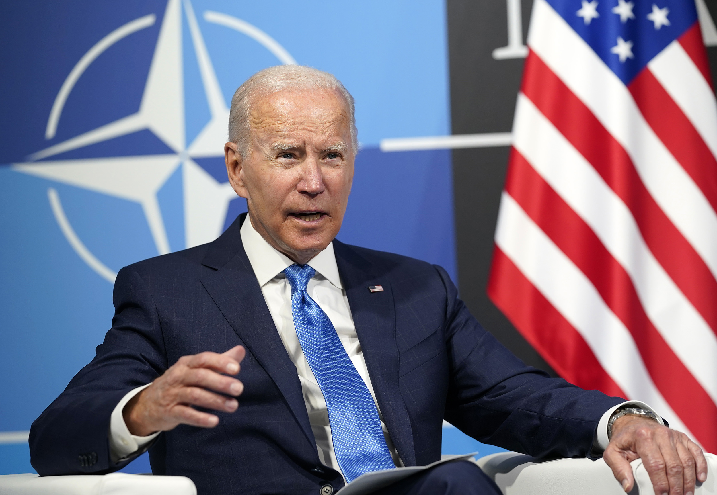 U.S. President Joe Biden speaks during a meeting with NATO Secretary General Jens Stoltenberg at the NATO summit in Madrid, Spain, on June 29.