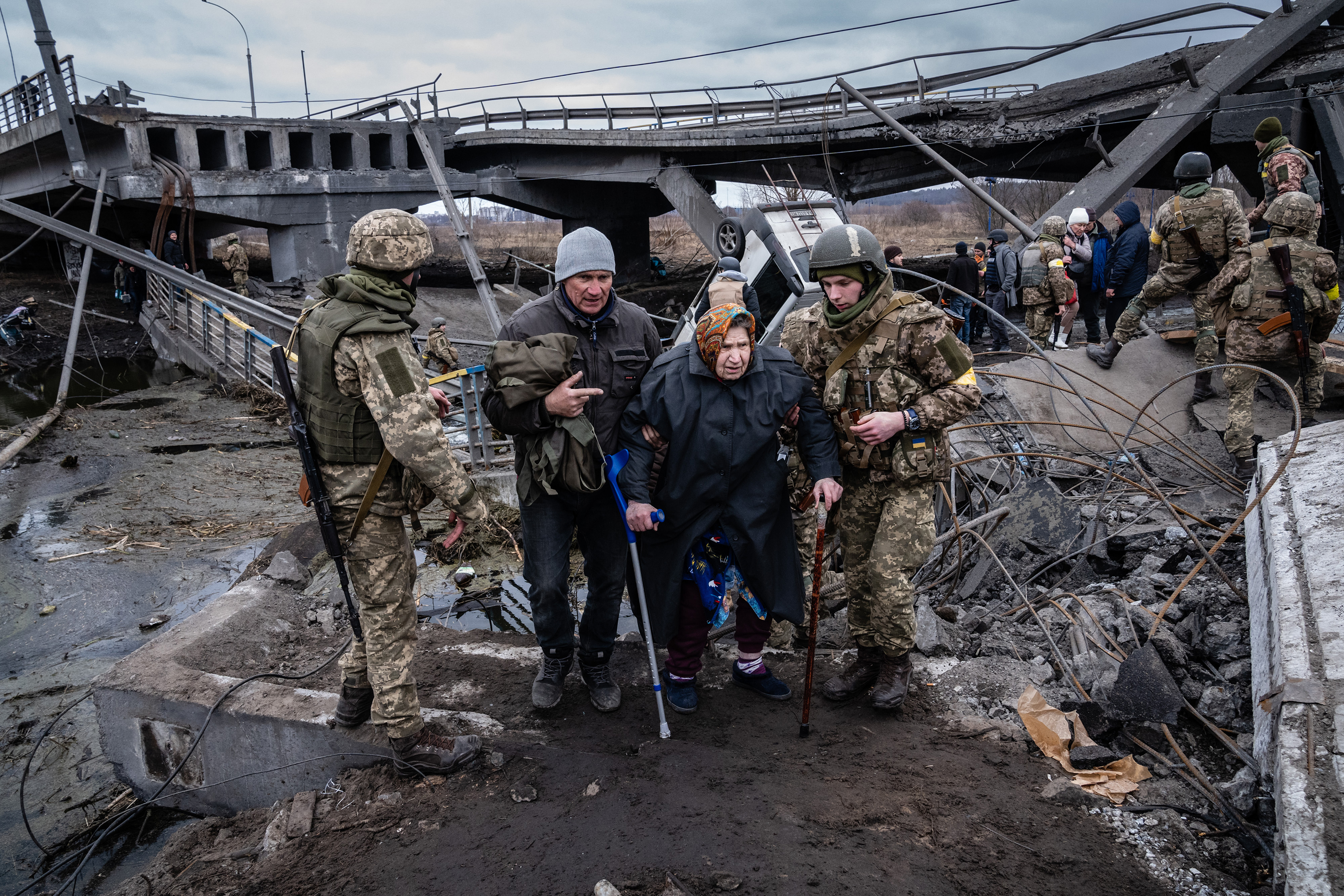 Residents are evacuated from Irpin, on the outskirts of Kyiv, Ukraine, on Saturday, March 5. 