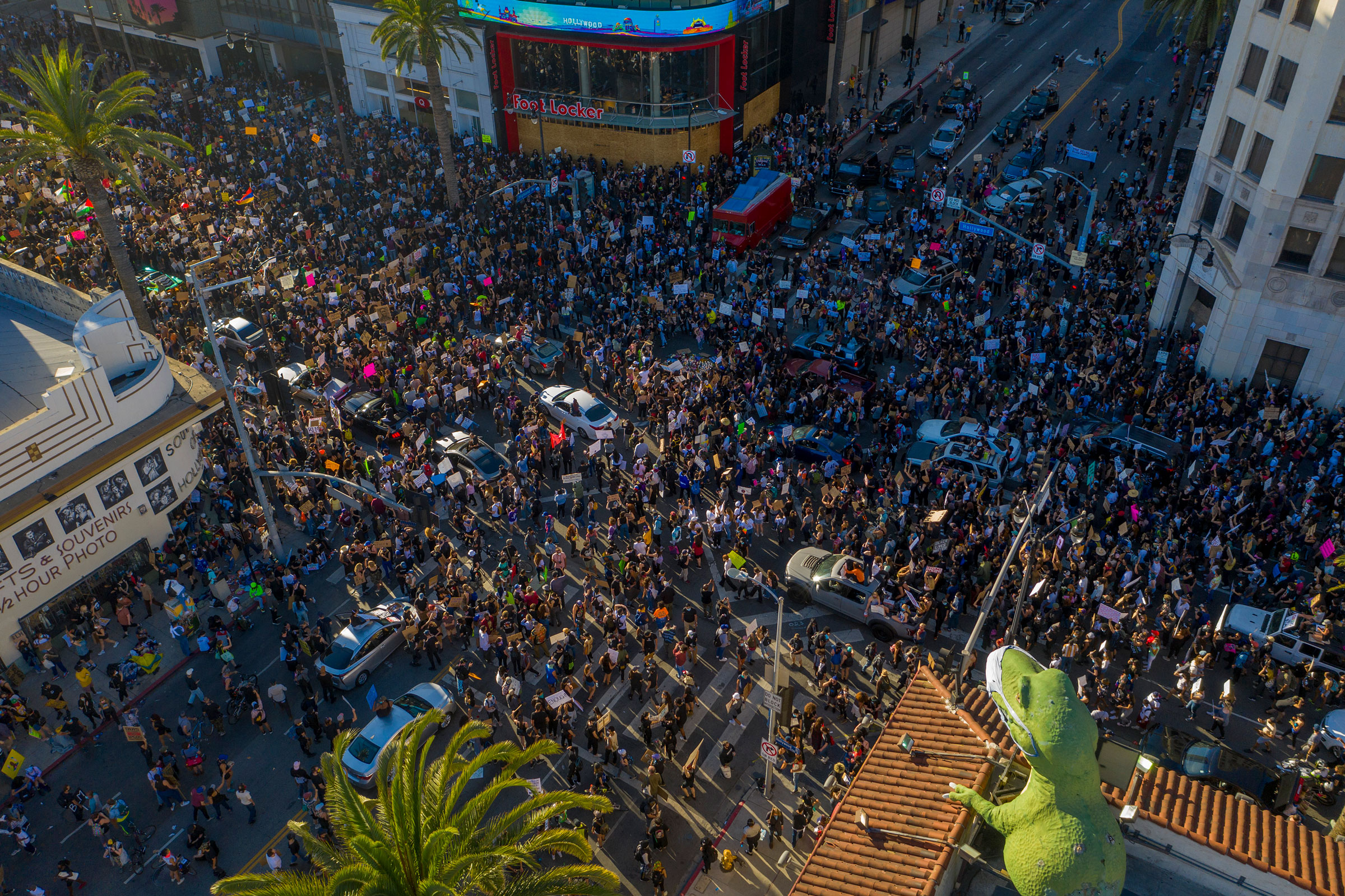 Protesters congregate in Los Angeles, at the intersection of Hollywood and Highland, on June 7.