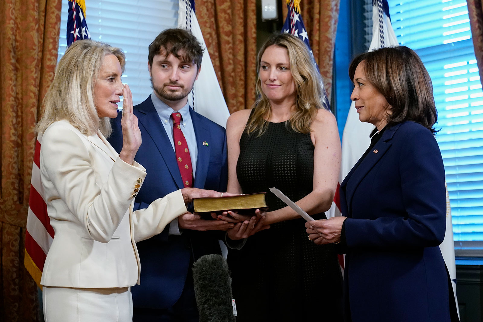 Vice President Kamala Harris ceremonially swears in Elizabeth Frawley Bagley as ambassador to Brazil on Monday. 