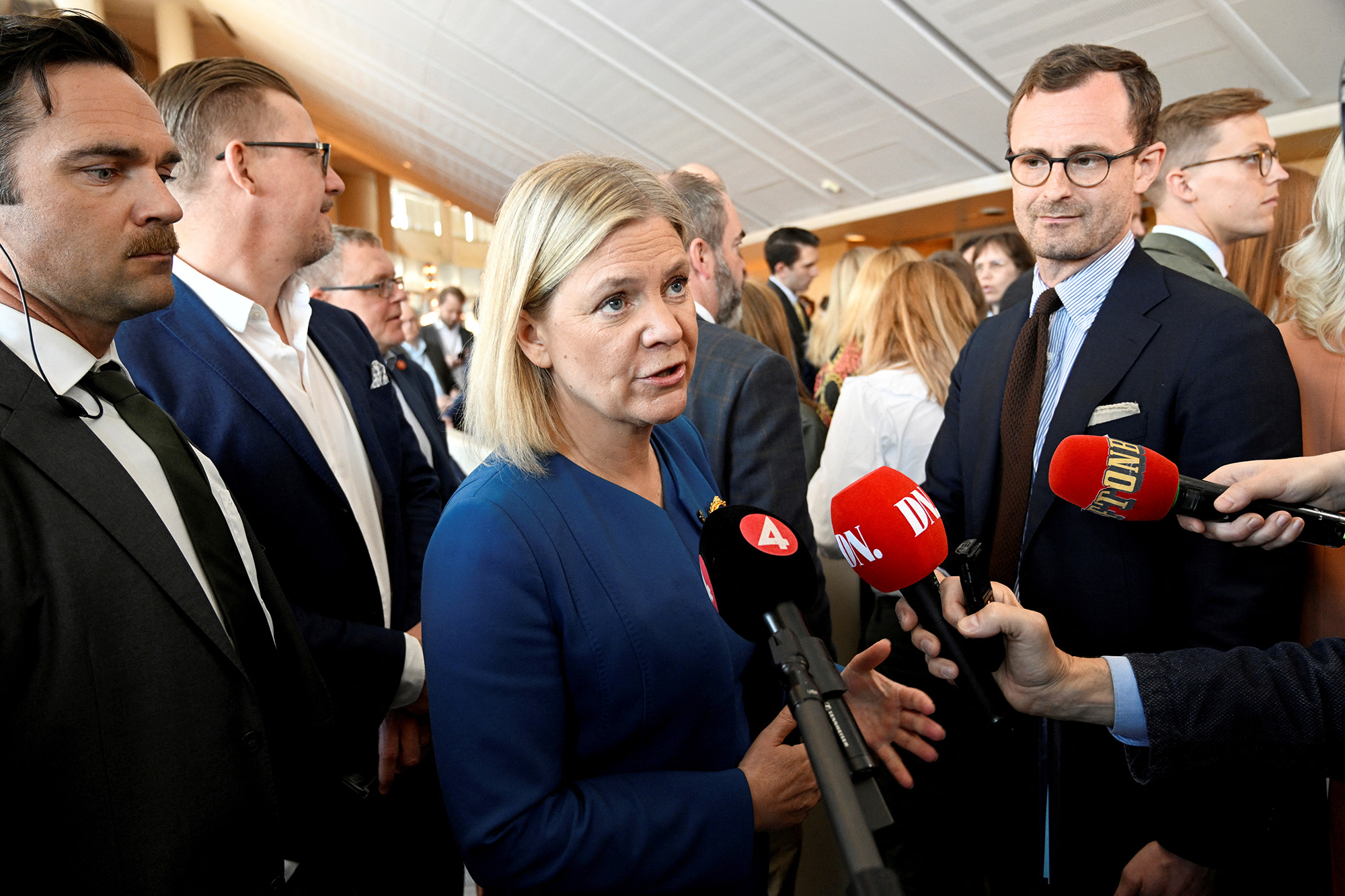 Sweden's Prime Minister Magdalena Andersson speaks to the media before the parliamentary debate on Swedish NATO membership, in Stockholm, Sweden, on May 16.