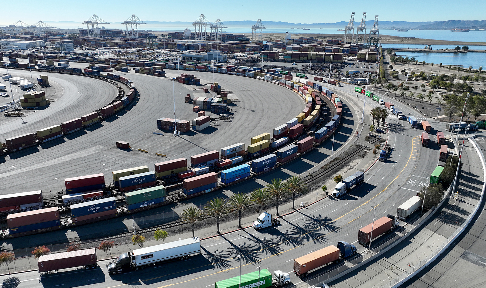 An aerial view of shipping containers, trucks and train cars at the Port of Oakland, California, in October. 