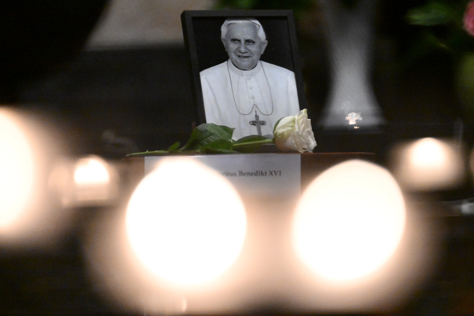 A photo memorial of Pope Emeritus Benedict XVI at the Cologne Cathedral in Germany on Saturday.