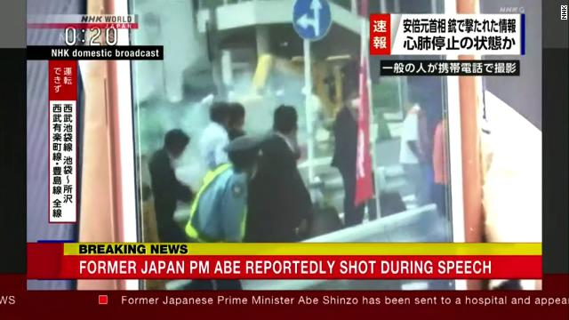 Video aired by Japan's public broadcaster NHK shows smoke in the air in the moments surrounding Shinzo Abe's collapse in Nara.