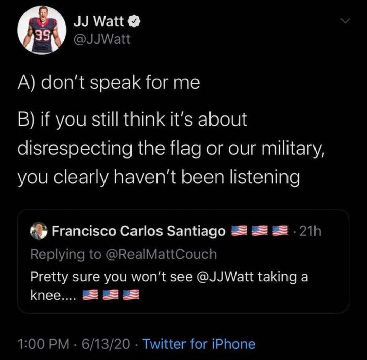 J.J. Watt says in tweet that taking a knee is not about the military