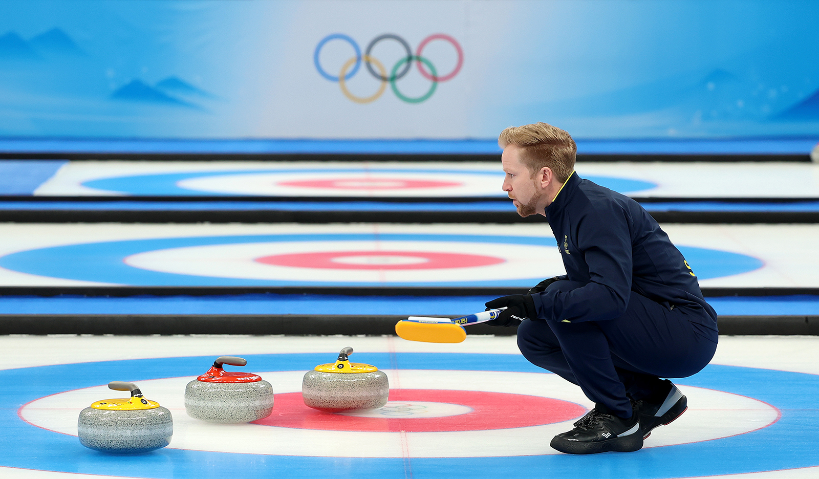 Niklas Edin of Team Sweden competes against Team Great Britain during the Men's Curling Gold Medal Game on February 19.