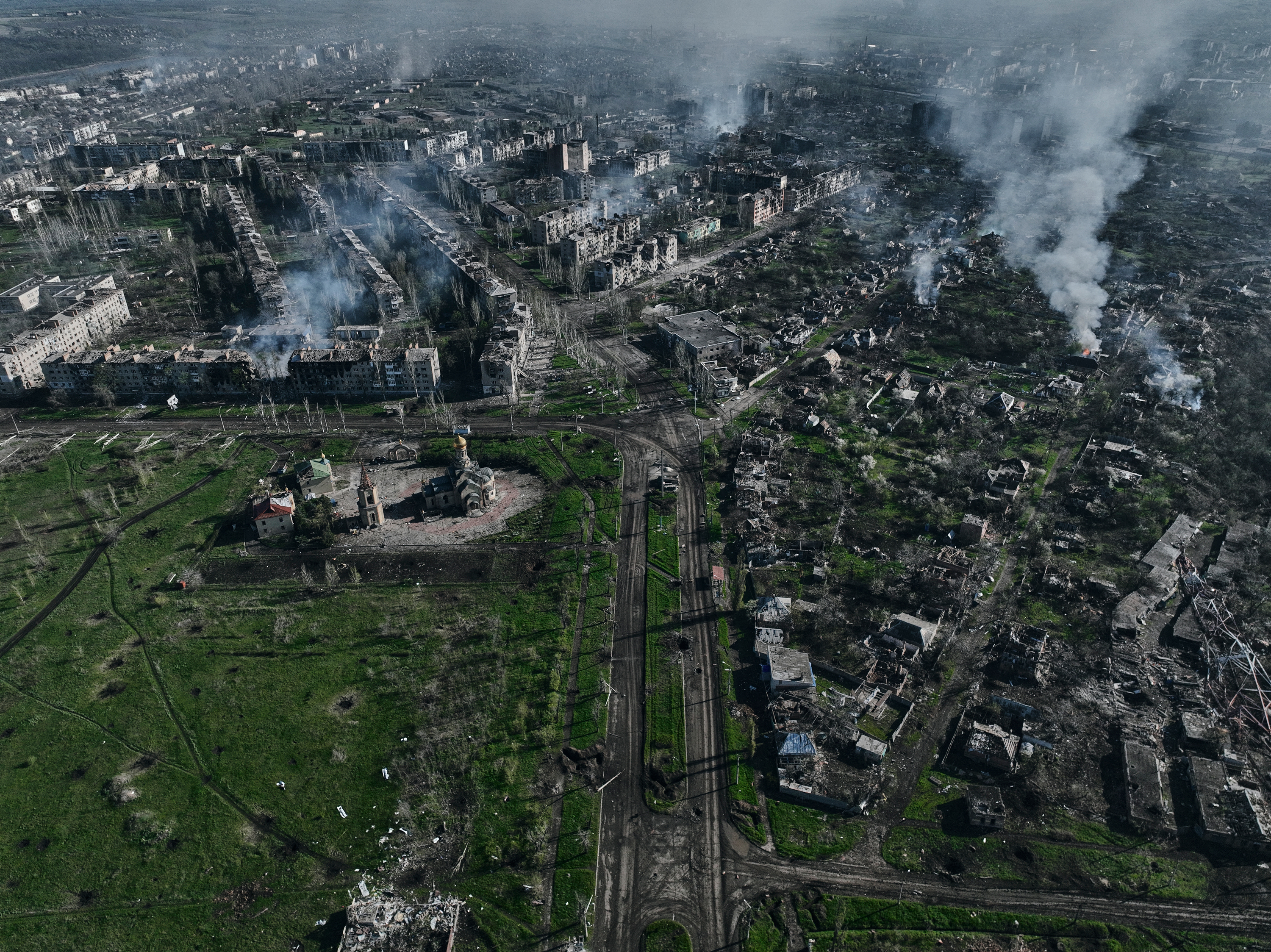Smoke rises from buildings in an aerial view of Bakhmut, on April 26.