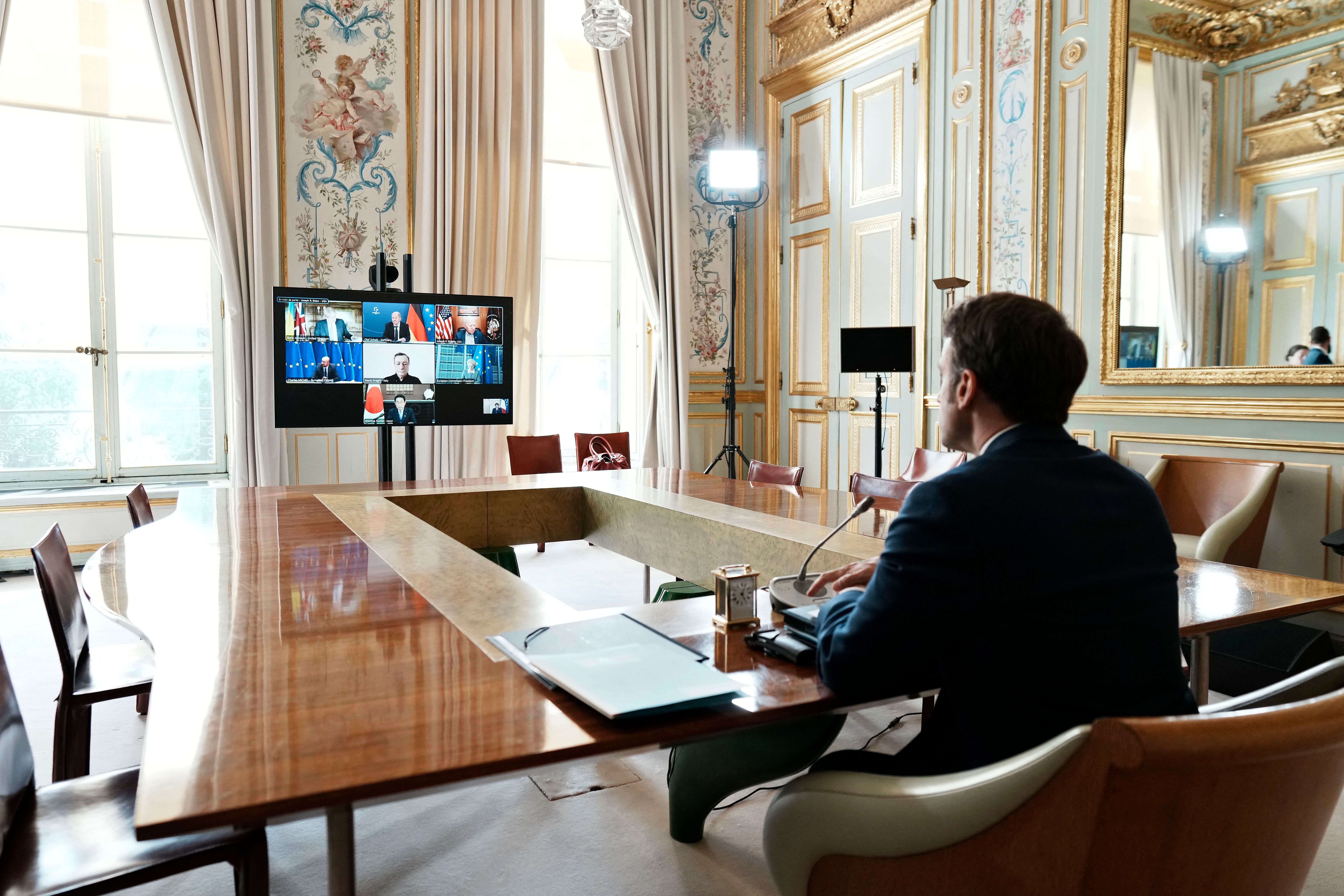 French President Emmanuel Macron takes part in a video-conference with G7 leaders about Ukraine at the Élysée Palace in Paris, on Sunday.