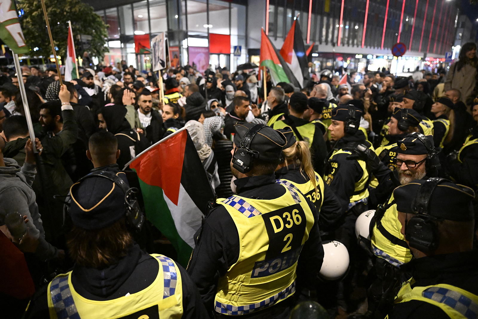 Police face pro-Palestinian protesters in central Malmo during the 68th edition of the Eurovision Song Contest (ESC) in Malmo Arena, Sweden, on May 9.