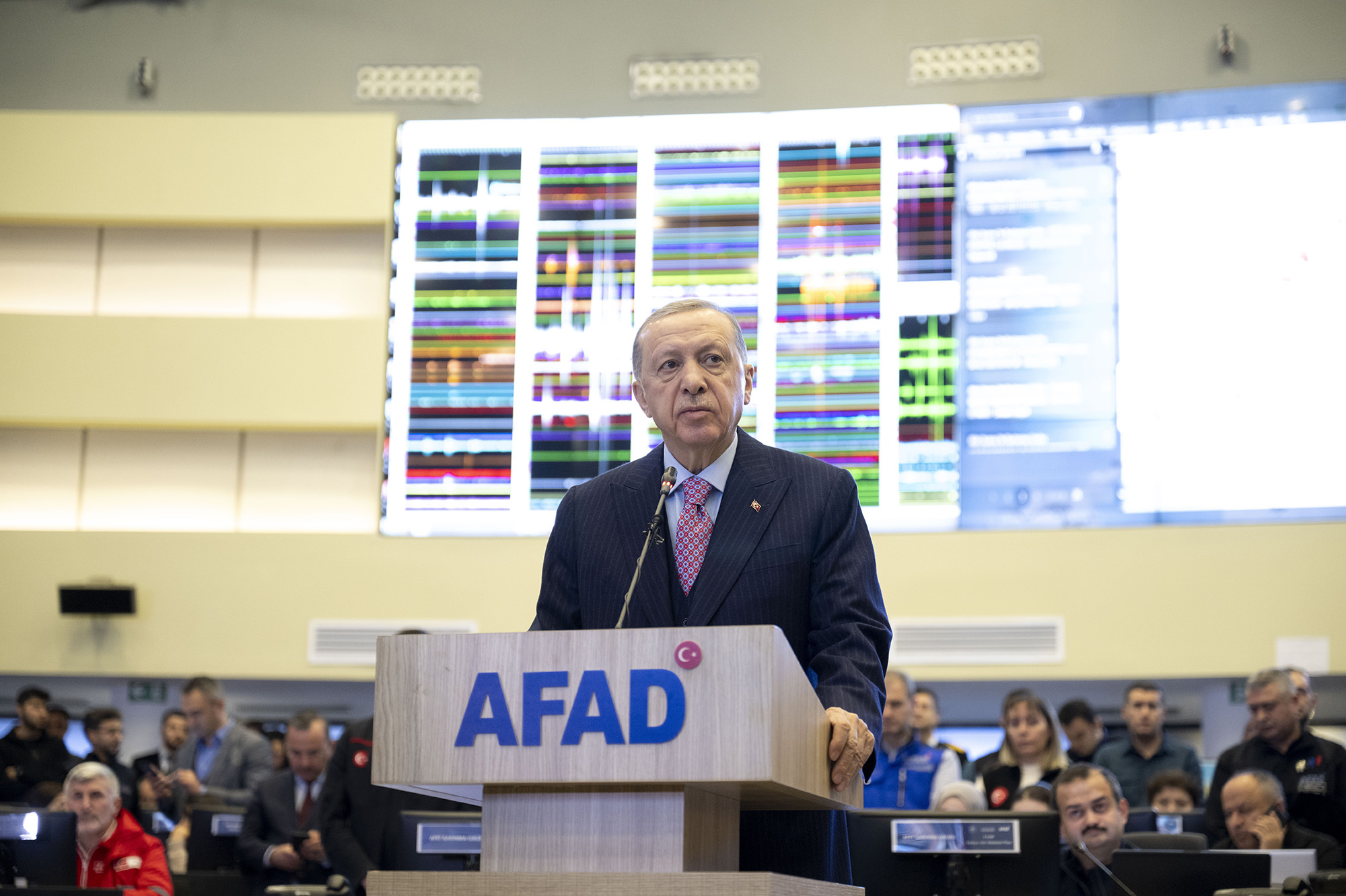 Turkish President Recep Tayyip Erdogan speaks to the press at the Coordination Center of Disaster and Emergency Management Authority (AFAD) on February 6, in Ankara, Turkey.