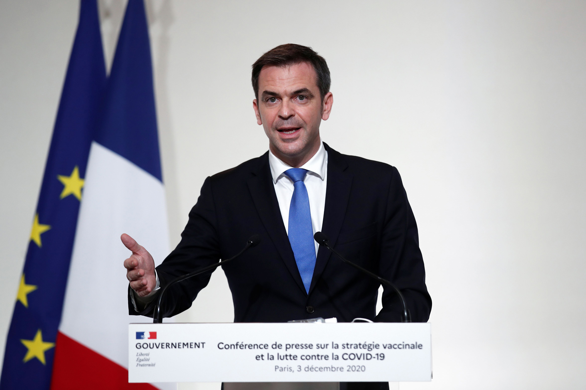 French Health Minister Olivier Veran speaks during a press conference in Paris on December 3.