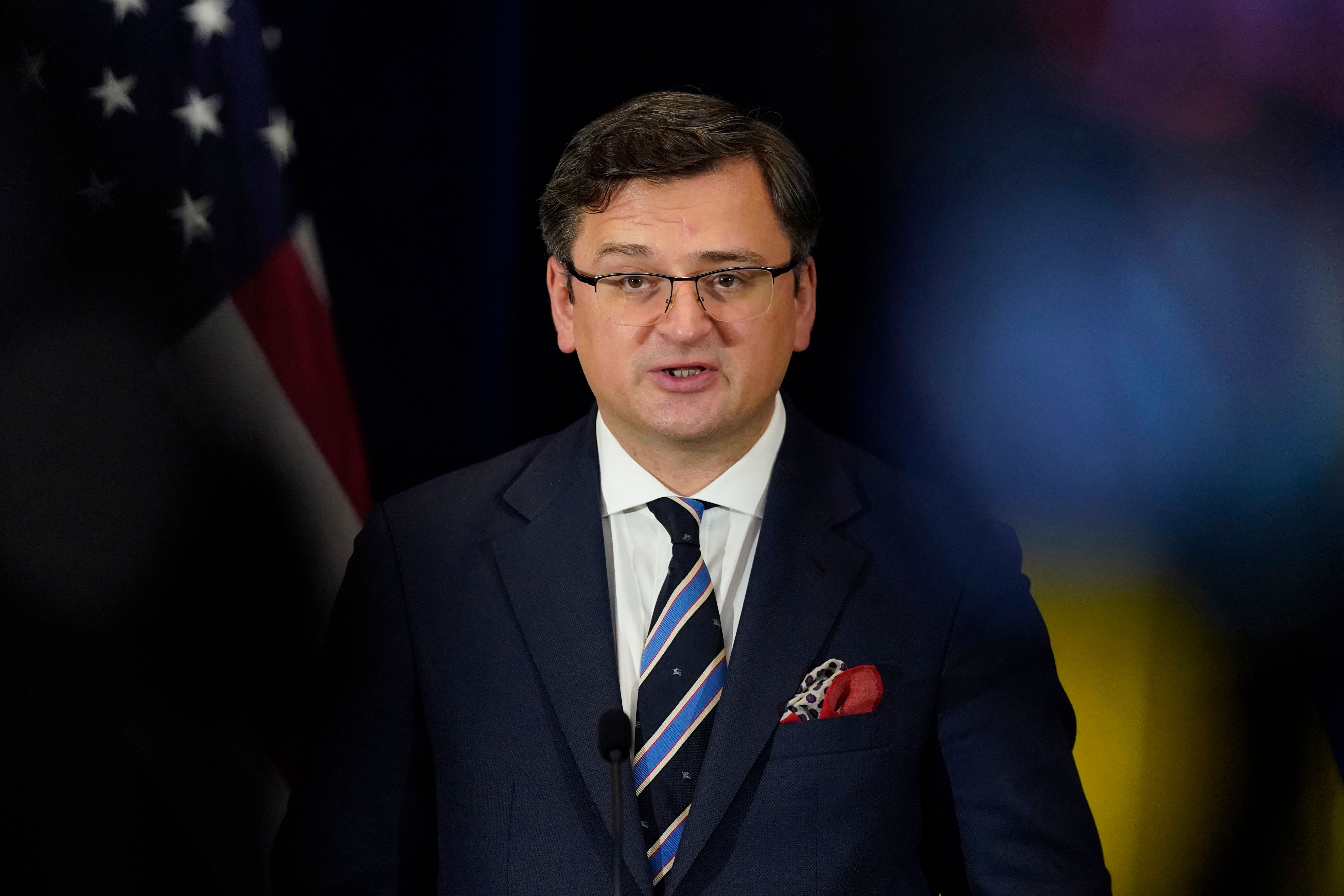Ukraine's Foreign Minister Dmytro Kuleba speaks during a news conference with Secretary of State Antony Blinken at the State Department in Washington, DC, on February 22.