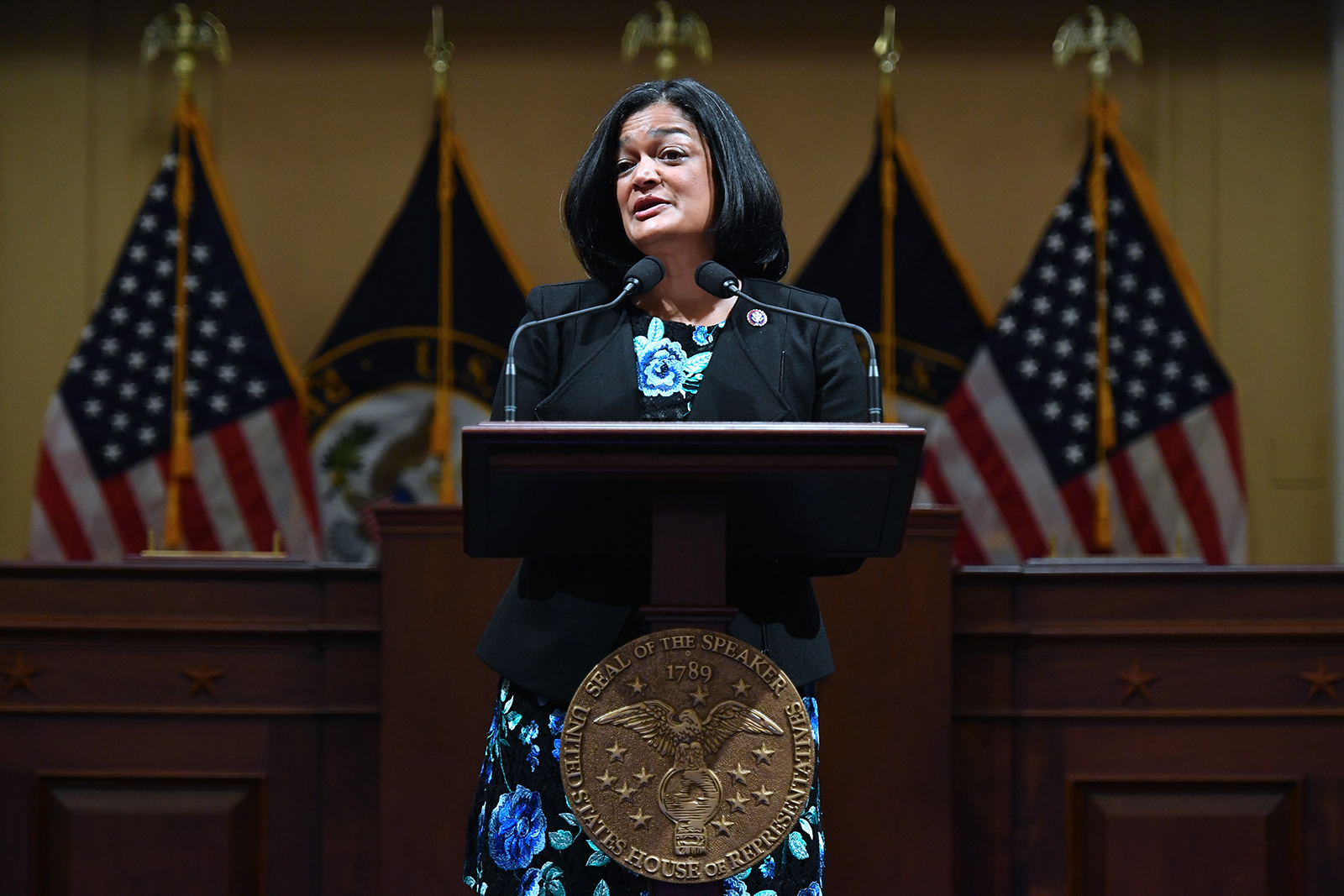 Rep. Pramila Jayapal (D-WA) speaks on the first anniversary of the attack on the U.S. Capitol on January 6 in the Cannon House Office Building in Washington, DC. 