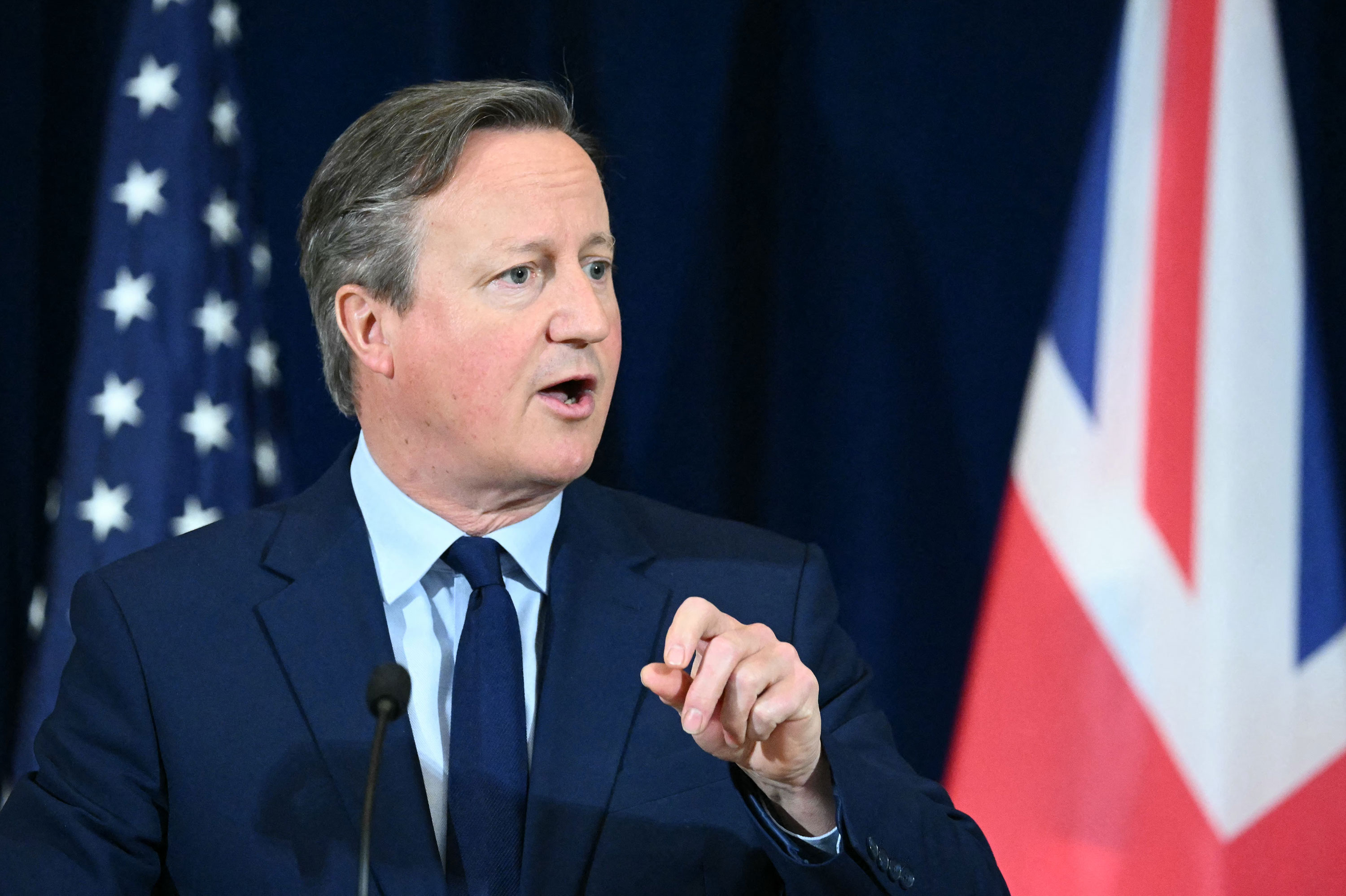 British Foreign Secretary David Cameron speaks during a joint press conference with US Secretary of State Antony Blinken in Washington, DC, on April 9. 