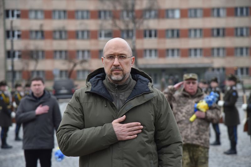 Prime Minister of Ukraine Denys Shmyhal laying flowers at the graves of Ukrainian soldiers at Lychakiv Cemetery in Lviv, Ukraine, on February 22. 