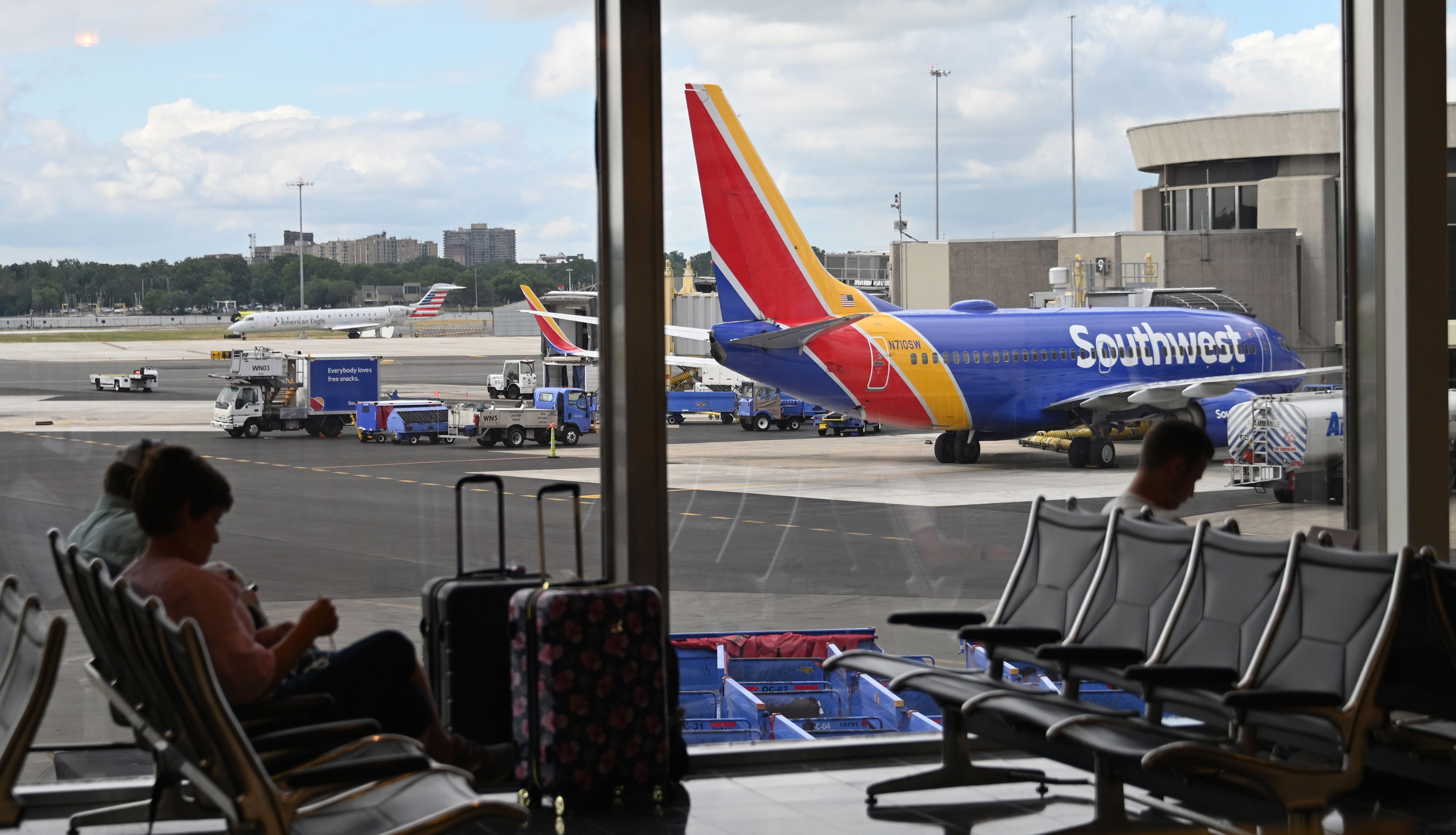 A Southwest Airlines plane is seen from a terminal at Ronald Reagan Washington National Airport on July 10 in Arlington, Virginia.