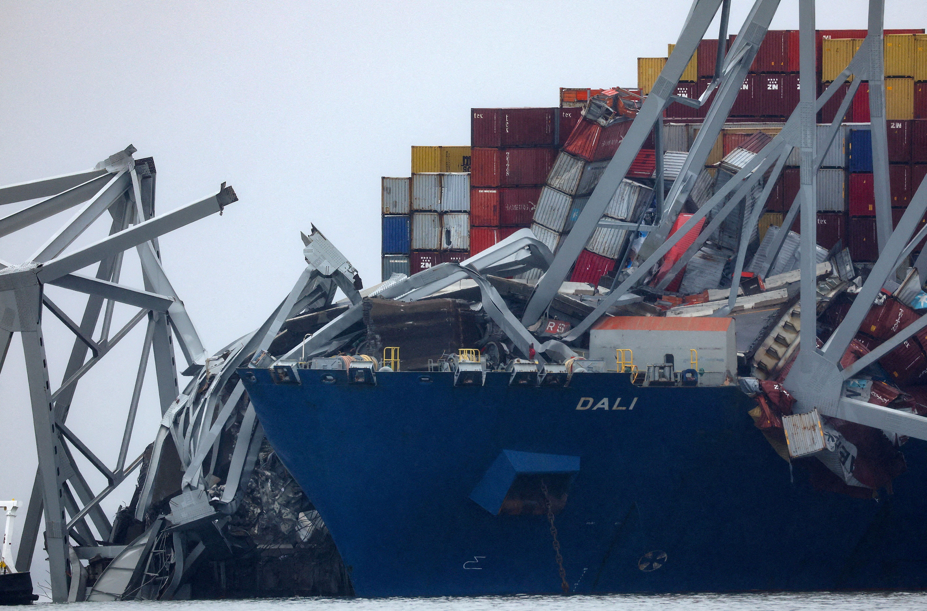 Wreckage lies across the deck of the Dali cargo vessel in Baltimore on Wednesday. 