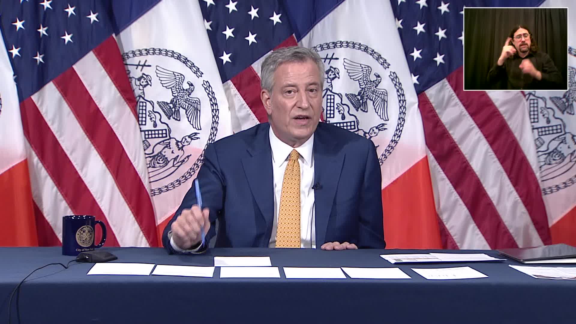 New York City Mayor Bill de Blasio speaks during a coronavirus briefing in New York City on May 28.