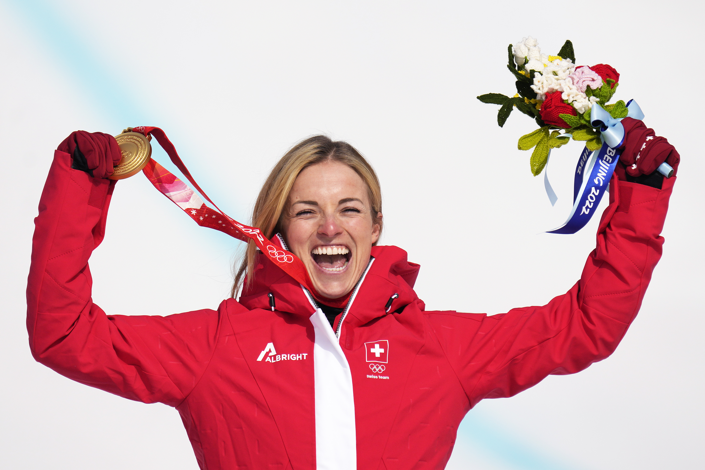 Switzerland's gold medalist Lara Gut-Behrami poses during the women's super-G medal ceremony on Friday.
