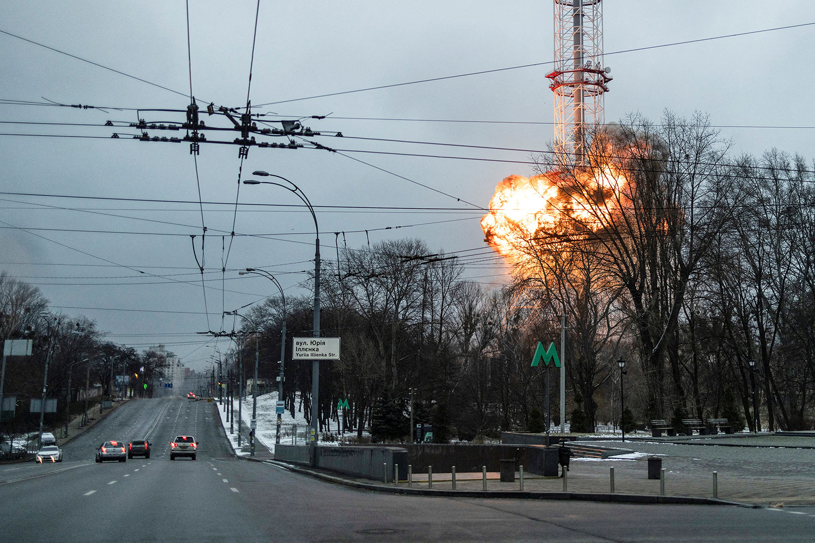 An explosion is seen near the Kyiv TV tower on March 1. Airstrikes also hit the nearby Babyn Yar Holocaust memorial site.