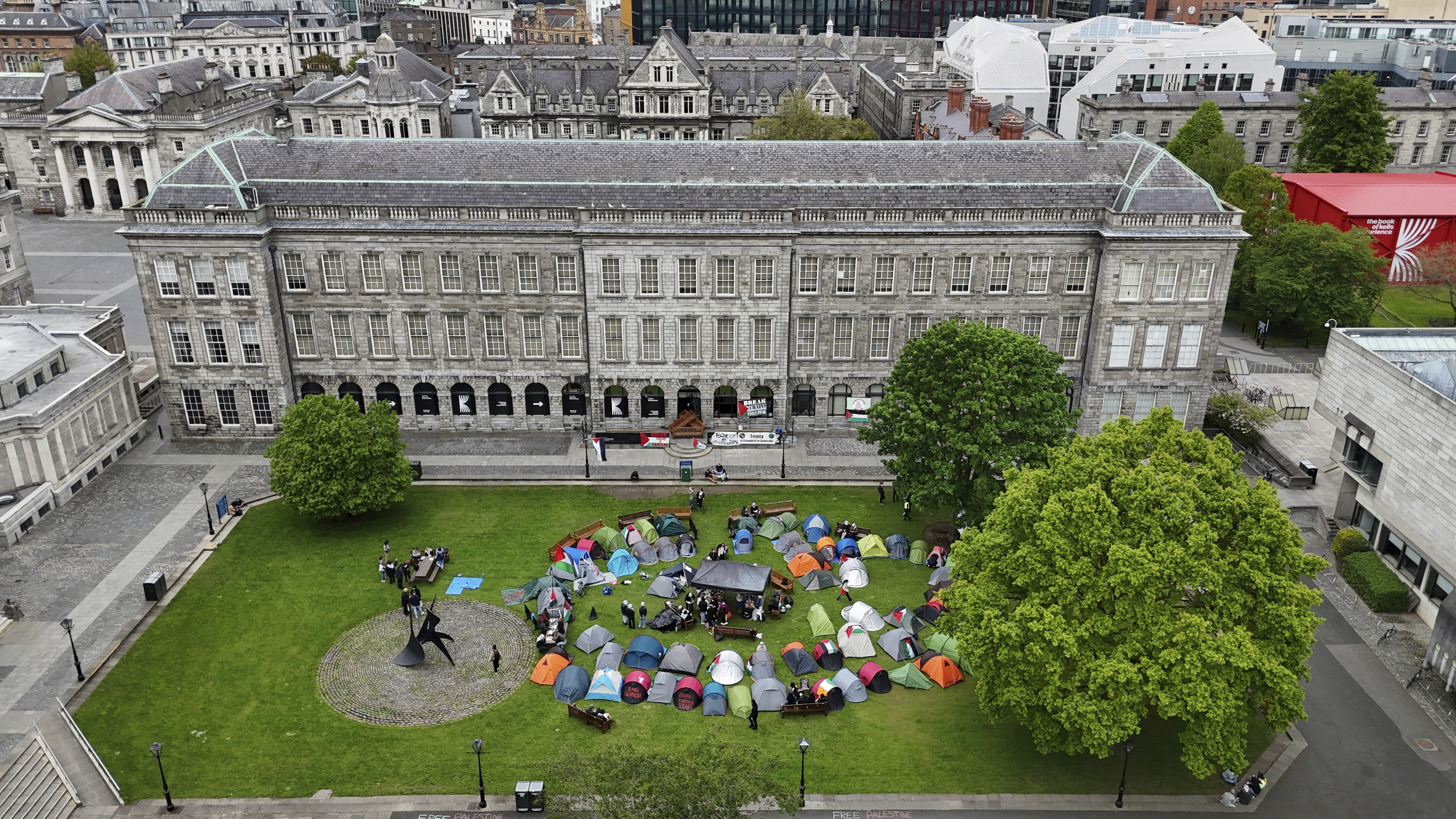 People take part in an encampment protest over the war in Gaza at Trinity College in Dublin, Ireland, on May 4.