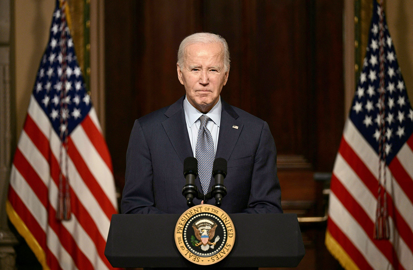 Biden speaks at a roundtable with Jewish community leaders in the Indian Treaty Room of the White House on October 11, 2023. (Photo by Brendan SMIALOWSKI / AFP) (Photo by BRENDAN SMIALOWSKI/AFP via Getty Images)