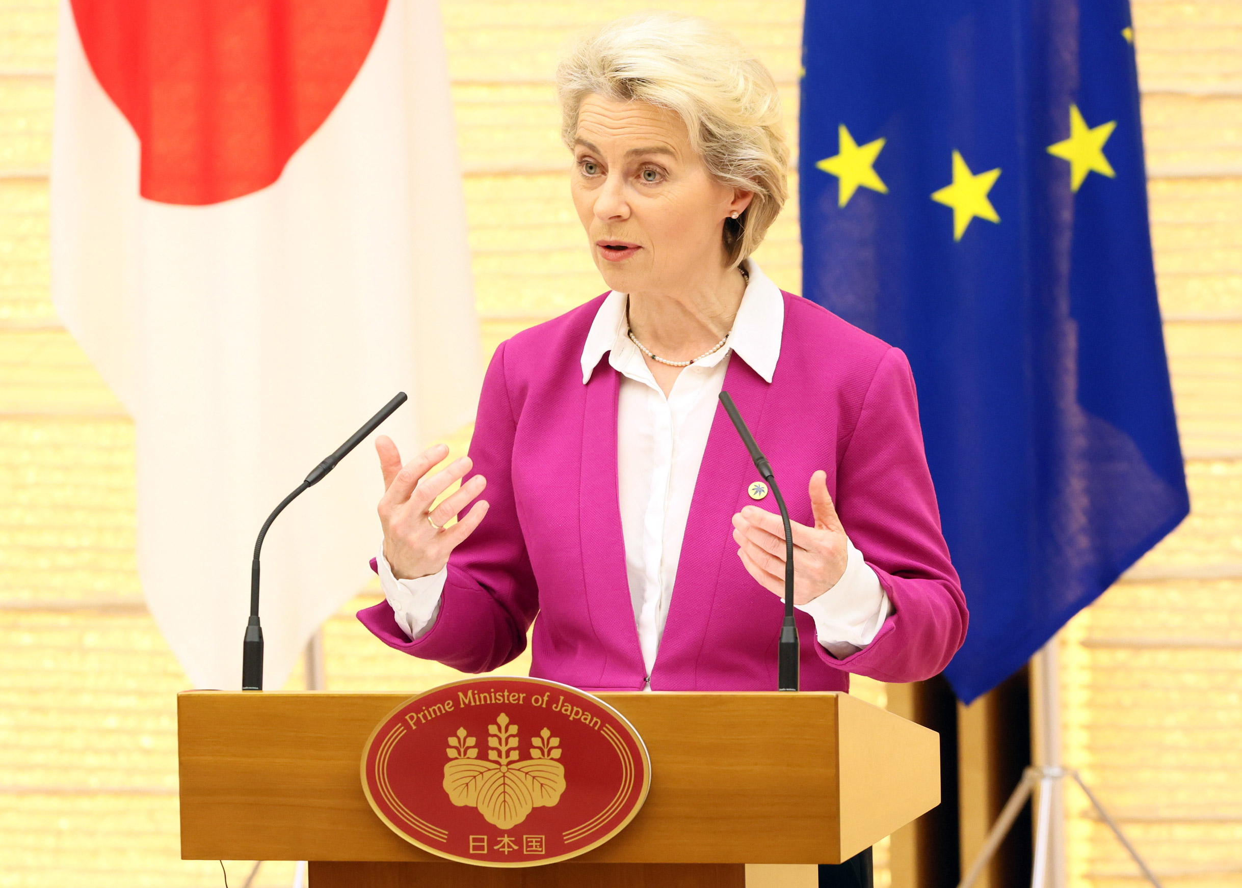 European Commission President Ursula von der Leyen speaks at a press conference during the EU-Japan summit in Tokyo, on Thursday.