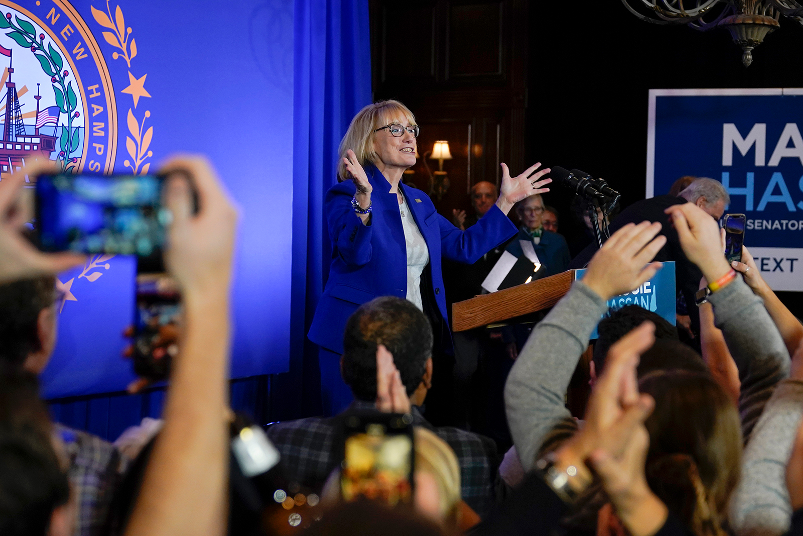 Maggie Hassan reacts during an election night campaign event in Manchester, New Hampshire, on November 8.