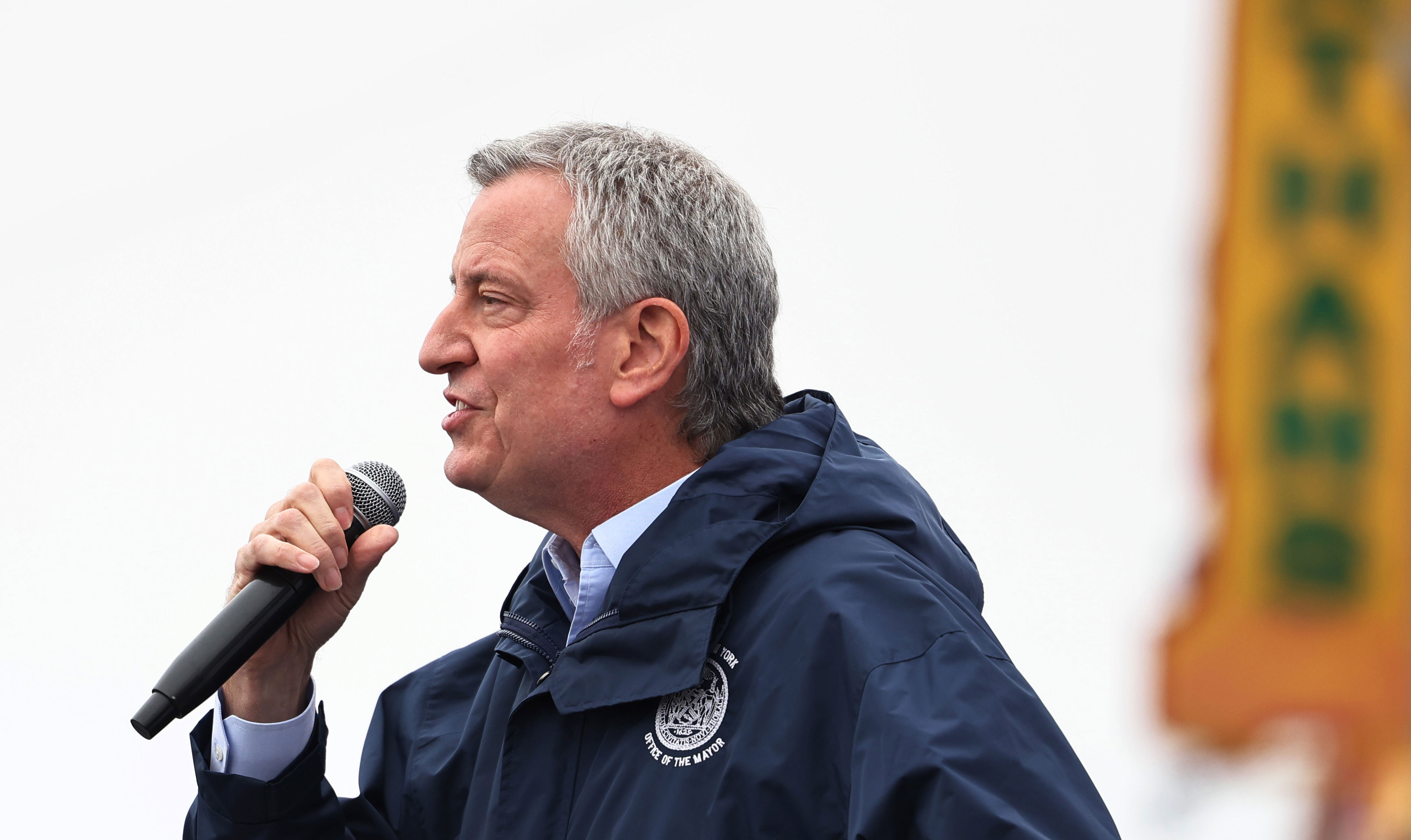 New York City Mayor Bill de Blasio speaks during a Coney Island parks reopening event on April 9 in New York City. 