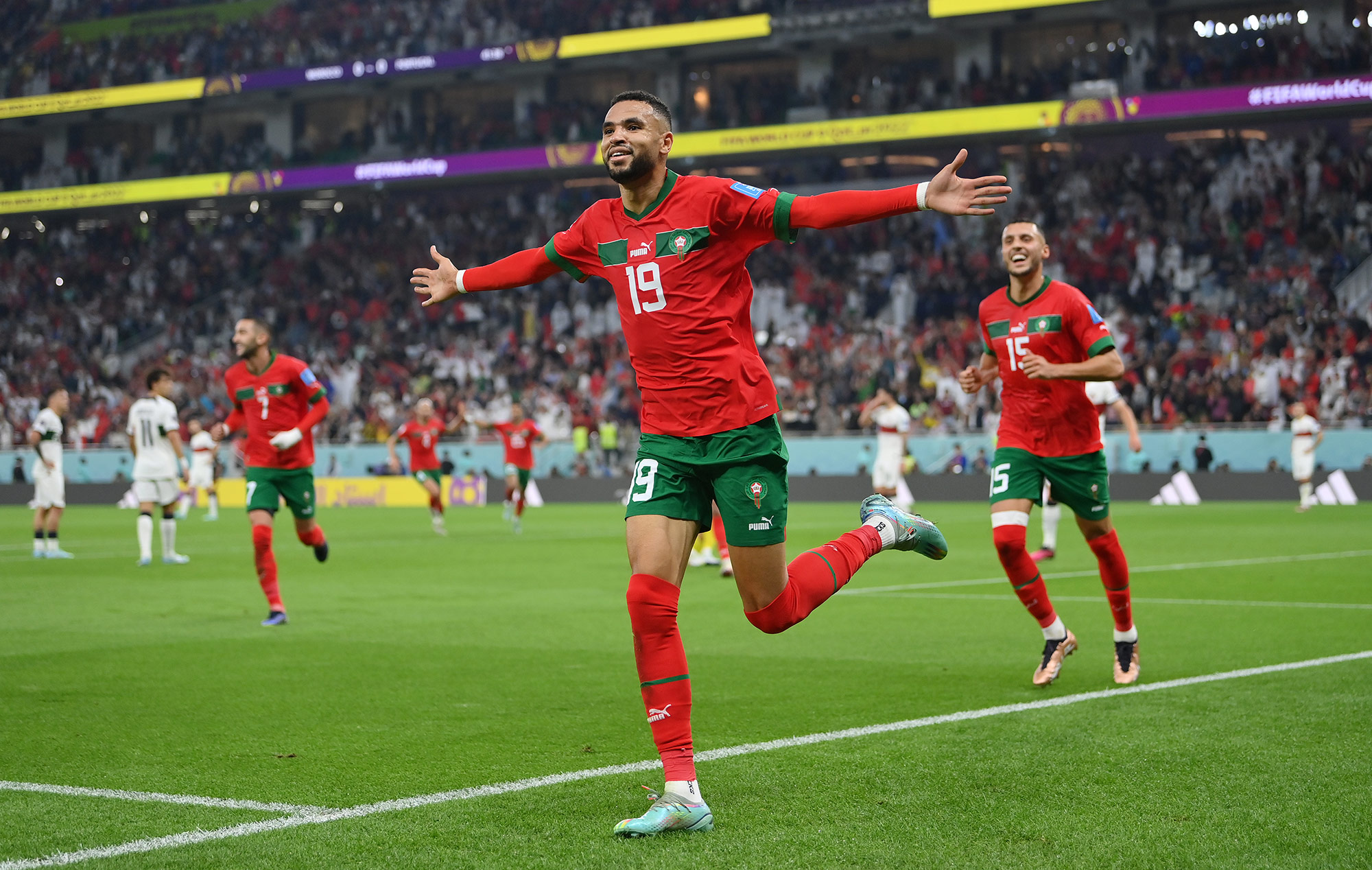 Morocco’s Youssef En-Nesyri celebrates after scoring his team's first goal against Portugal on Saturday. 