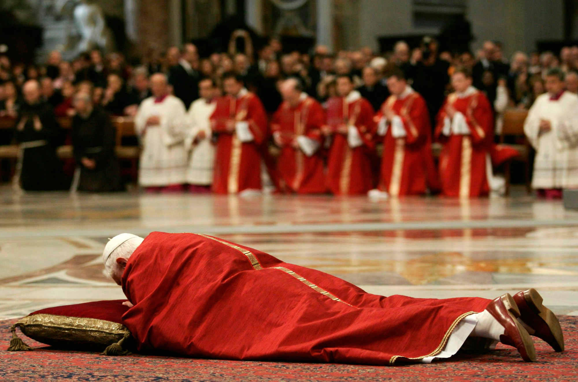 Benedict lies before the altar during a Good Friday ceremony at the Vatican in April 2007.