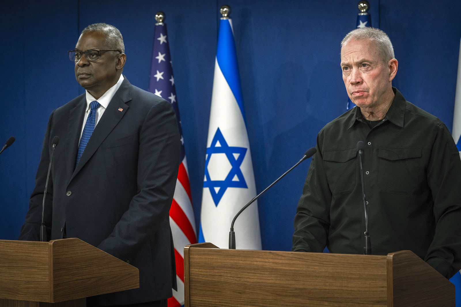 US Secretary of Defense Lloyd Austin and Israeli Defense Minister Yoav Gallant speak during a press conference in Tel Aviv, Israel on October 13, 2023.