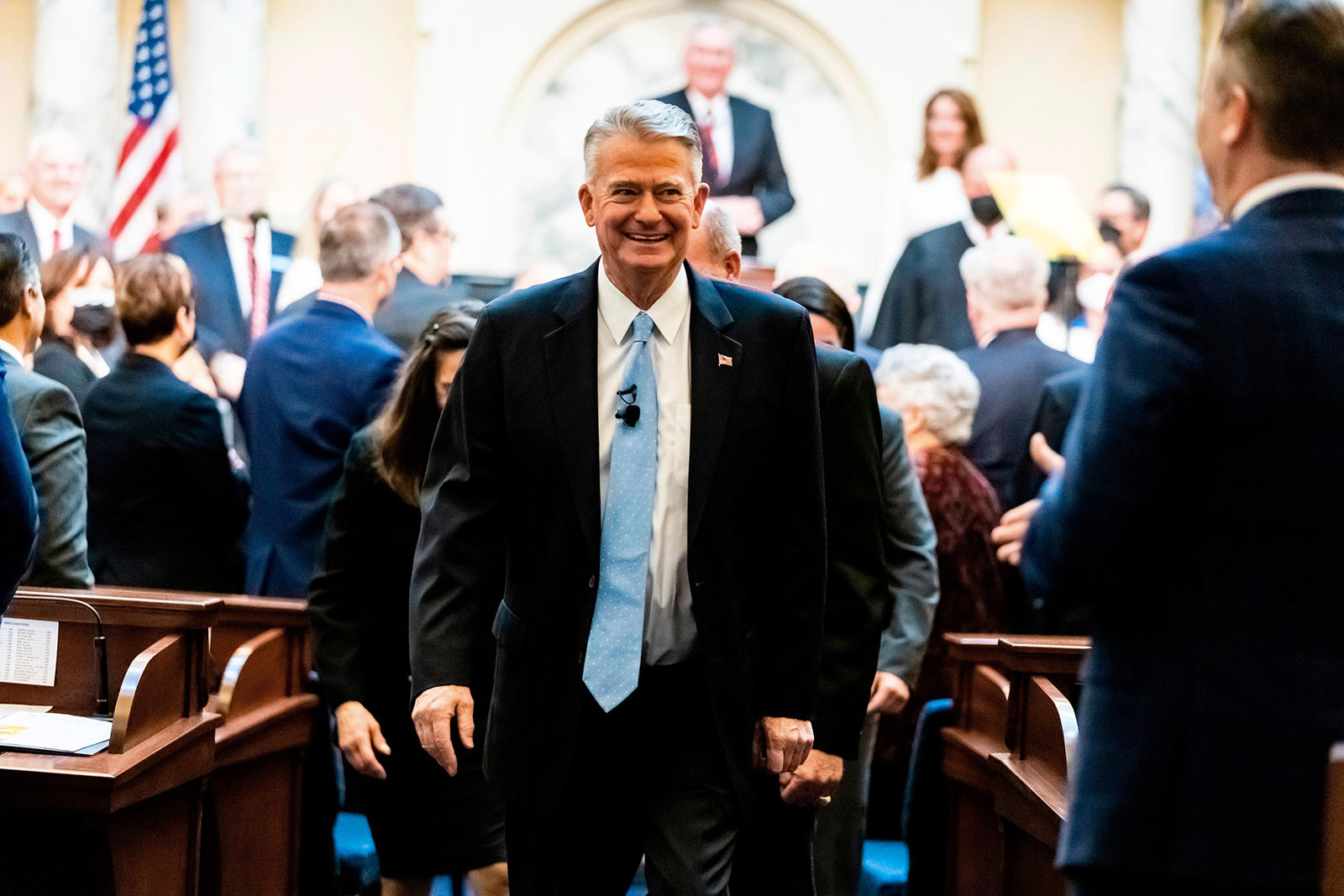 Idaho Gov. Brad Little leaves the house chambers after he delivers his State of the State address at the state Capitol building on January 10 in Boise, Idaho. 