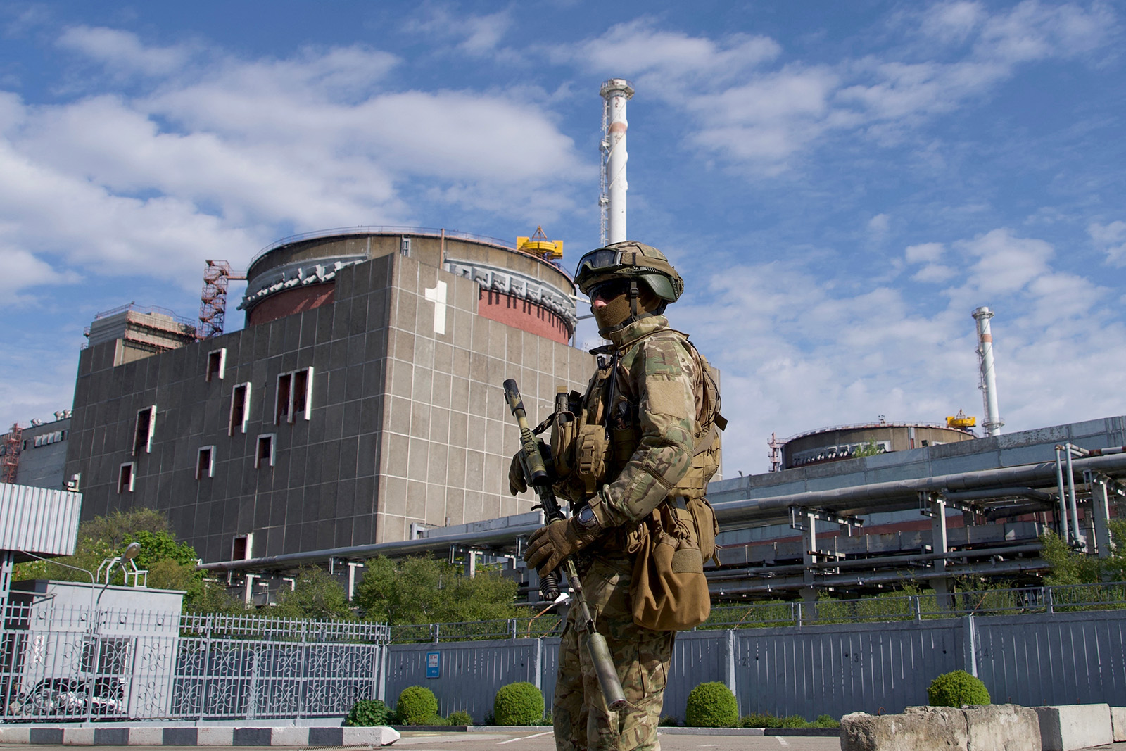 A Russian serviceman patrols the territory of the Zaporizhzhia Nuclear Power Station, Enerhodar, Ukraine, on May 1.