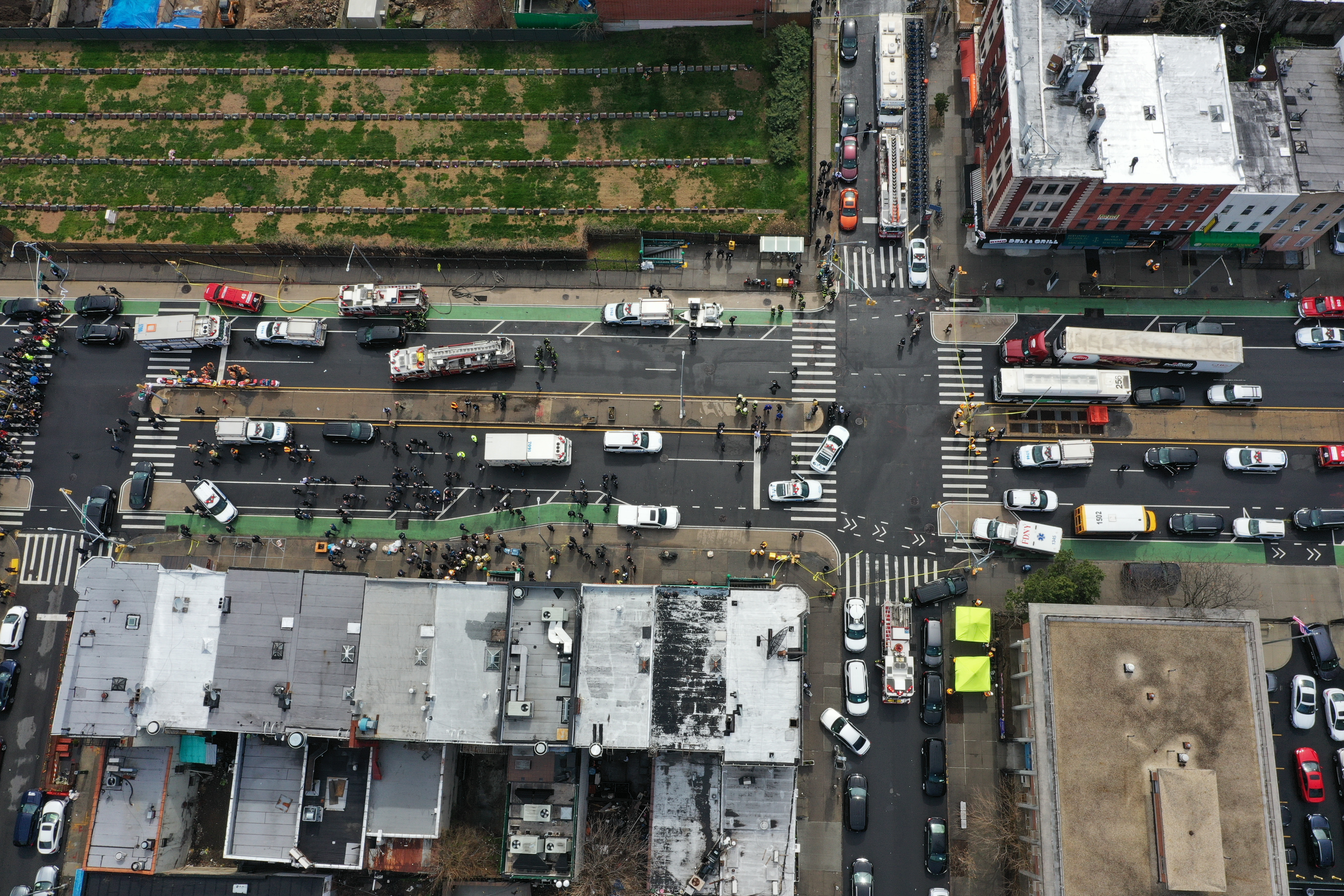 An aerial view of the scene after multiple people were shot at a subway station in Brooklyn on April 12. 