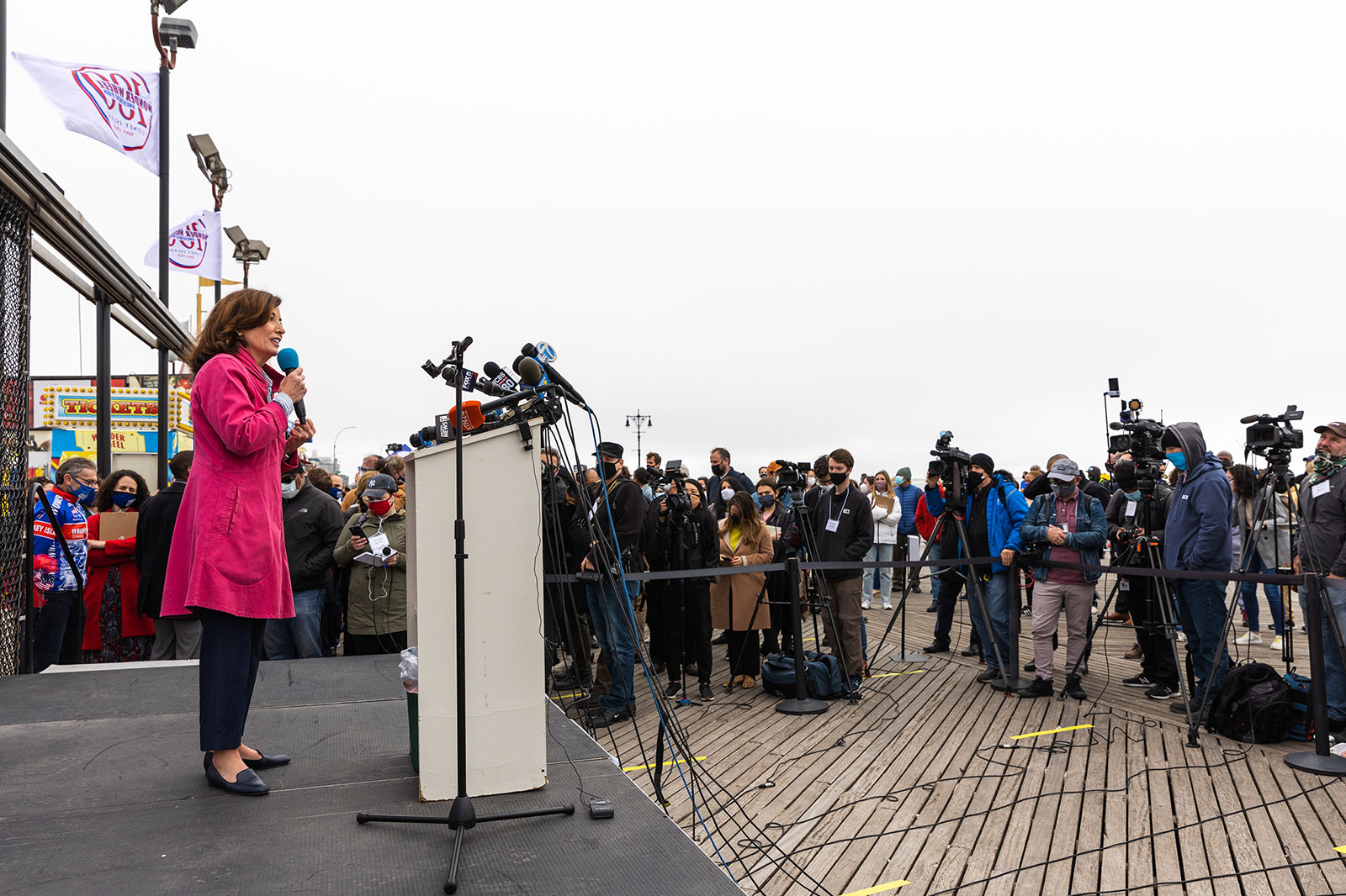 New York Lt. Gov. Kathy Hochul speaks at a news conference in Coney Island, New York, on Friday, April 9.