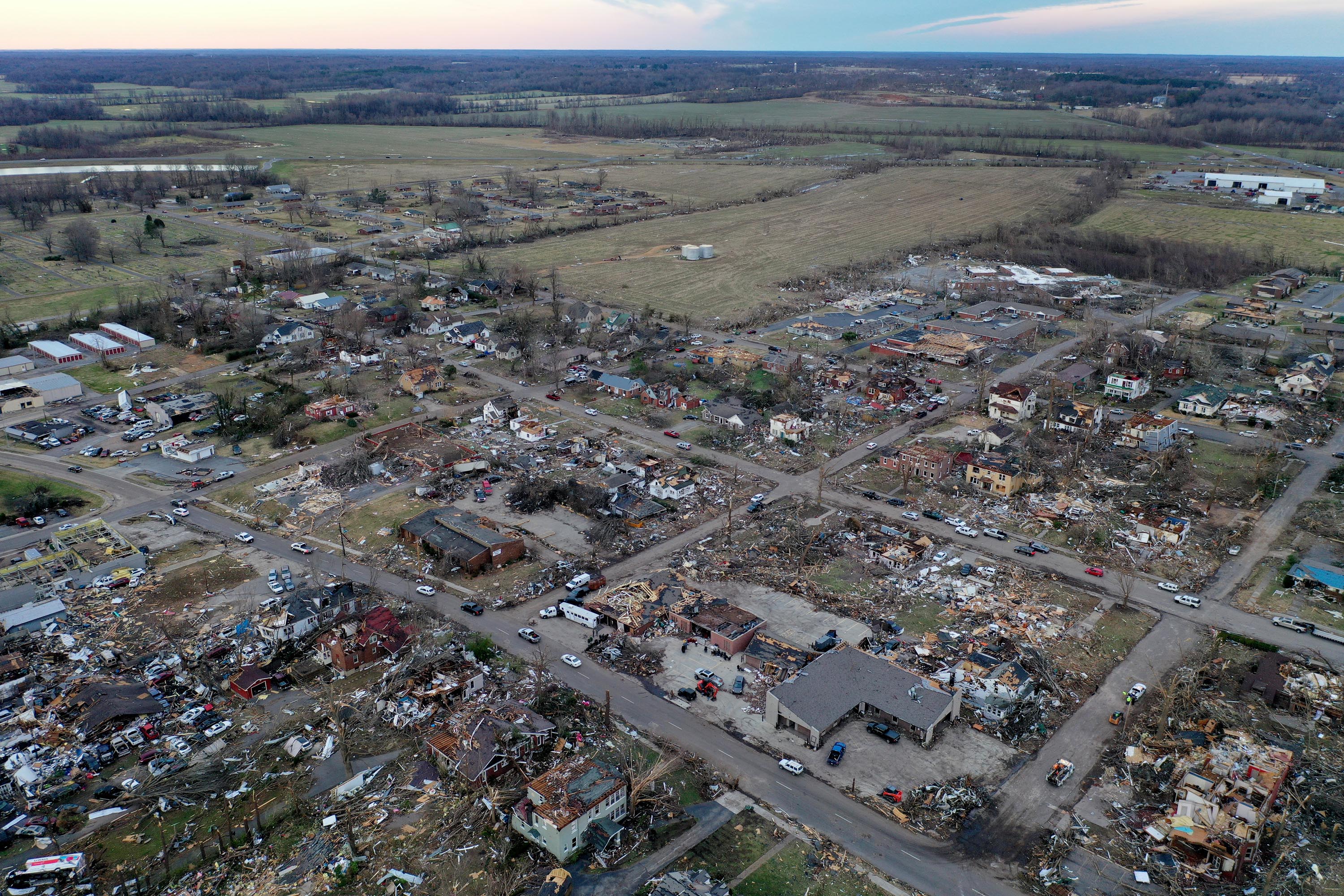 An aerial view of homes and business destroyed in Mayfield, Kentucky.