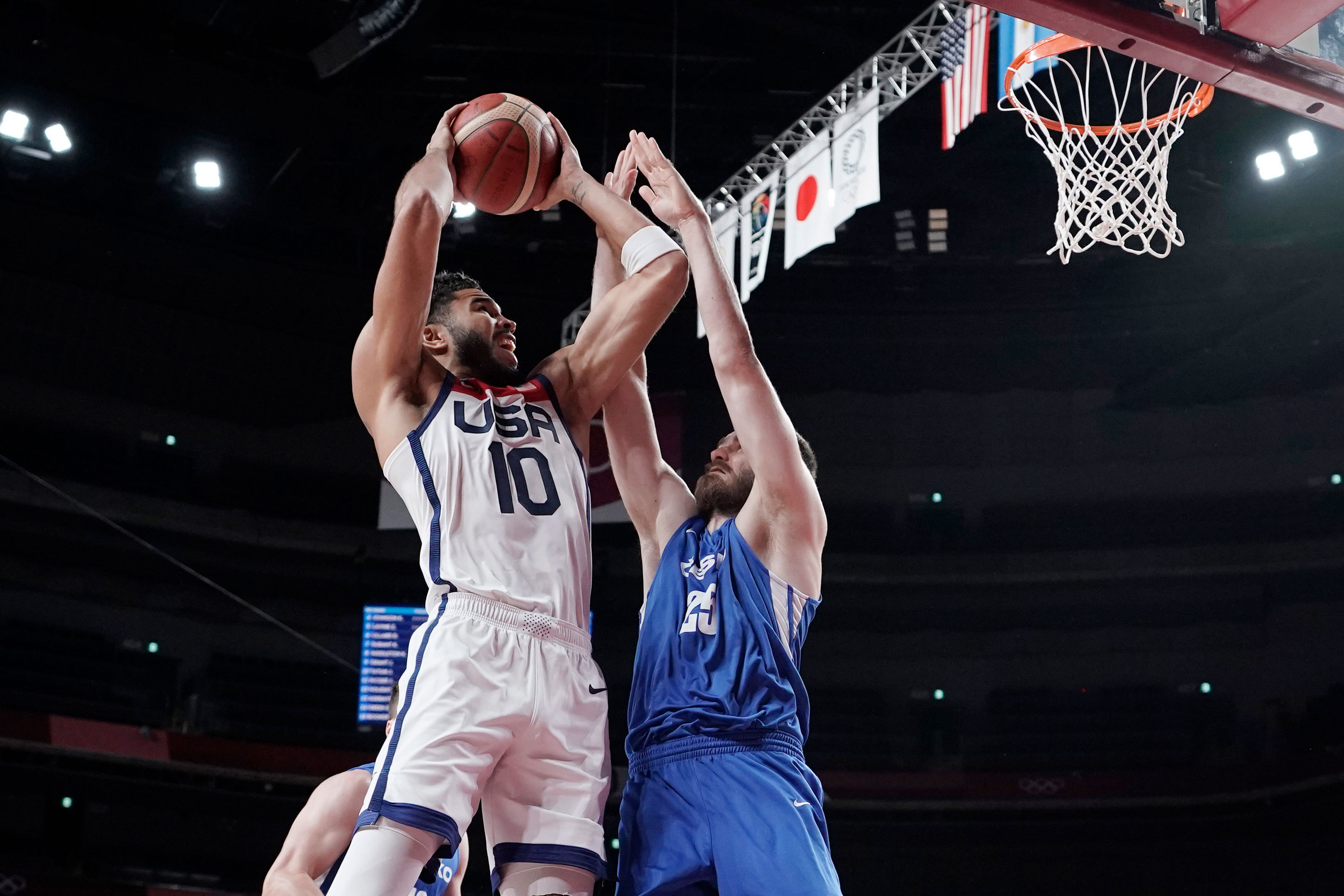 Team USA's Jayson Tatum shoots over Czech Republic's David Jelined during their game on July 31.